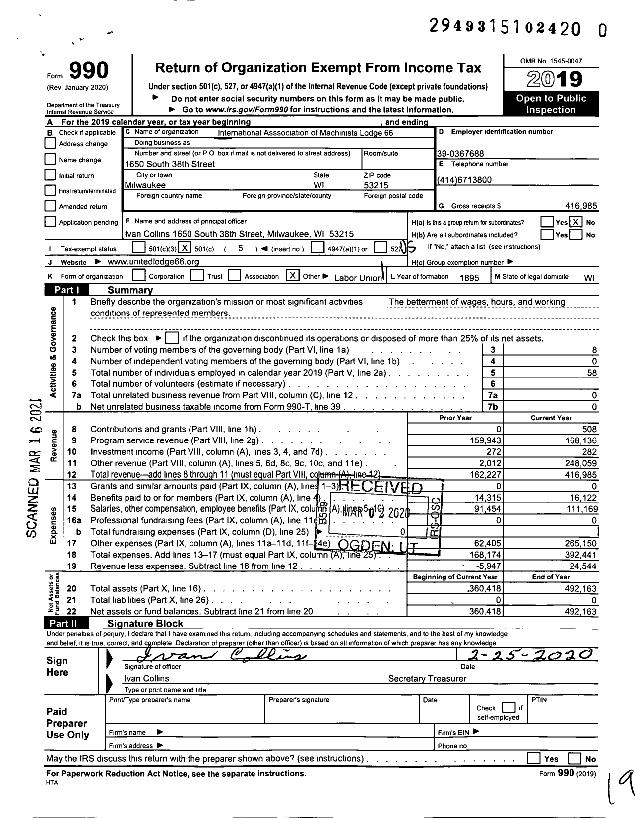 Image of first page of 2019 Form 990O for International Association of Machinists and Aerospace Workers - Michael Oettel