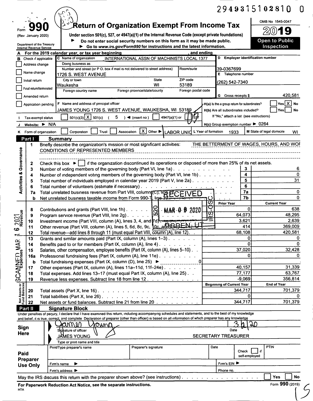 Image of first page of 2019 Form 990O for International Association of Machinists and Aerospace Workers - 1377 Iam