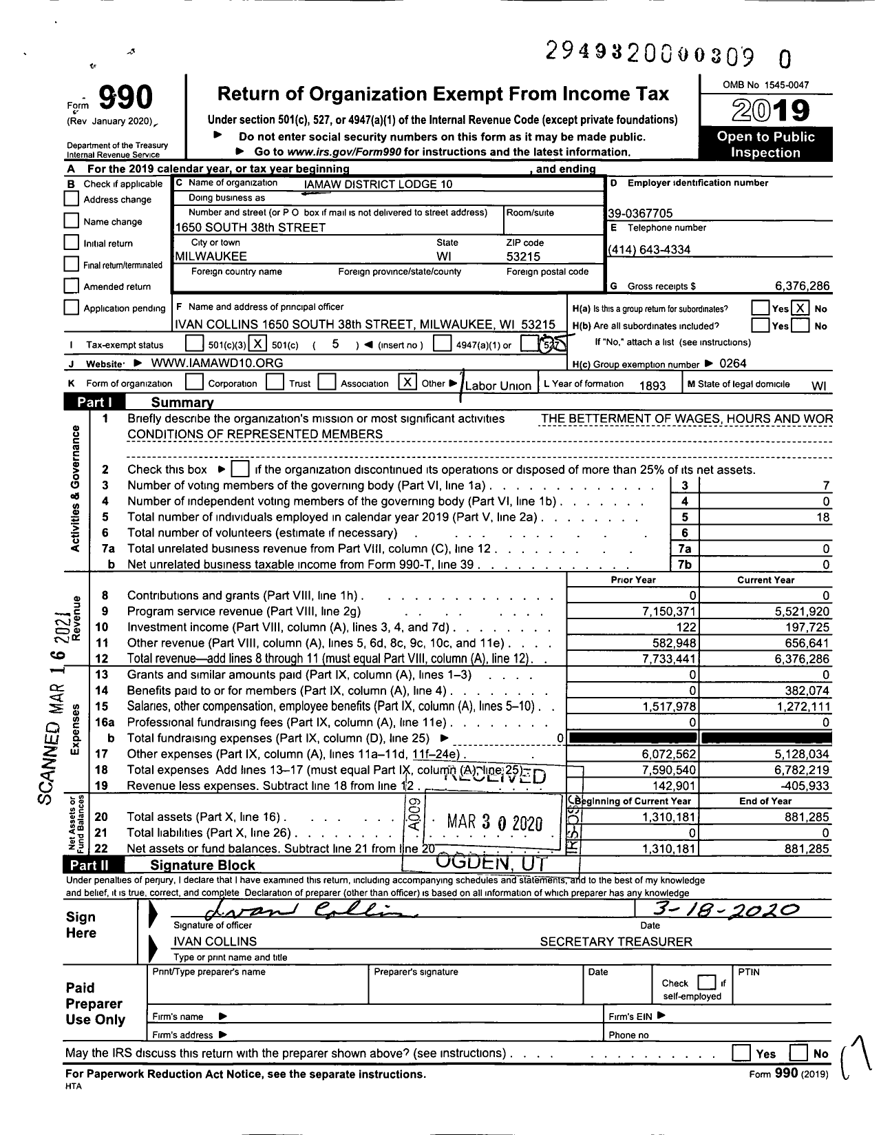 Image of first page of 2019 Form 990O for International Association of Machinists and Aerospace Workers - Dist 10