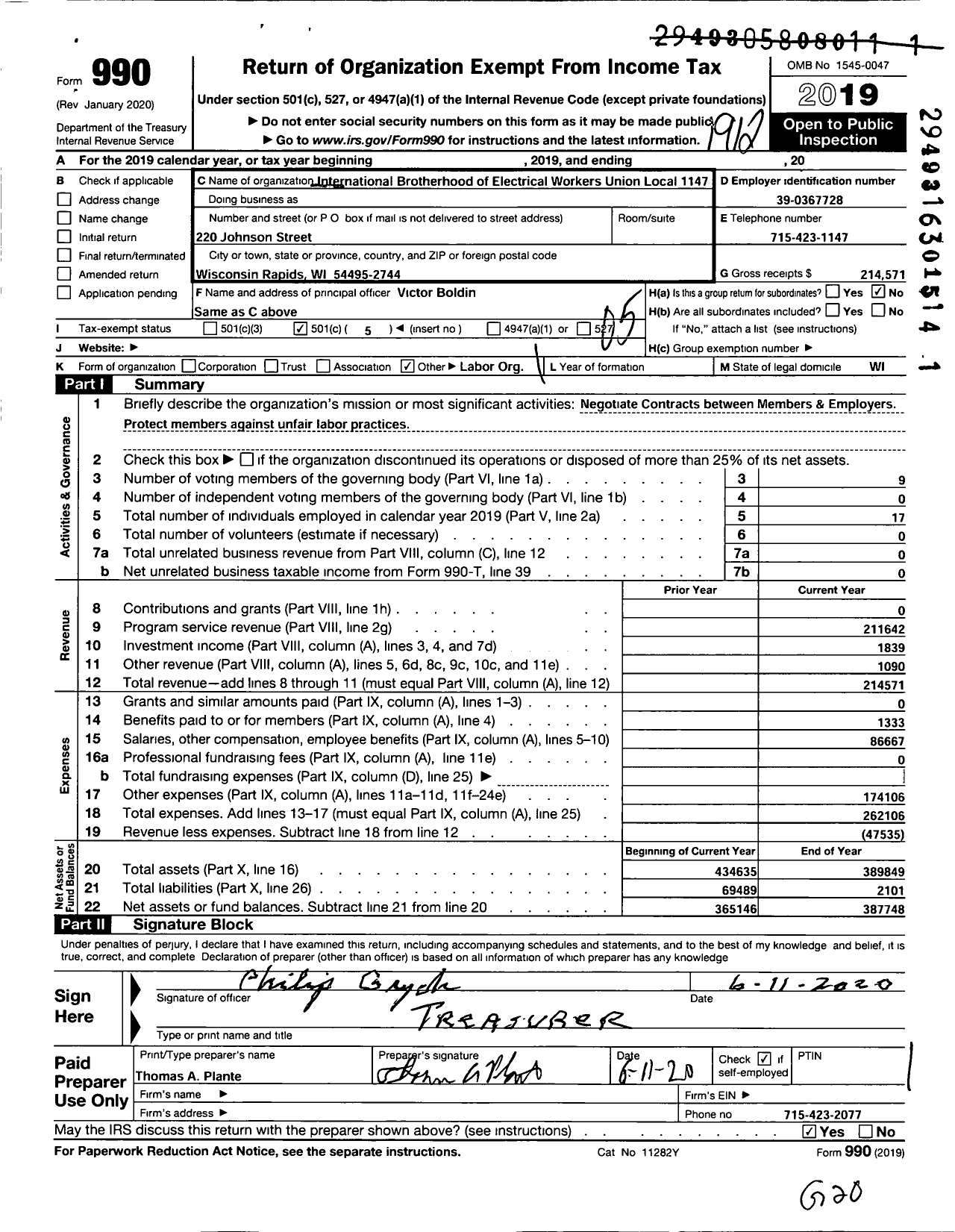 Image of first page of 2019 Form 990O for International Brotherhood of Electrical Workers - 1147 Local Union