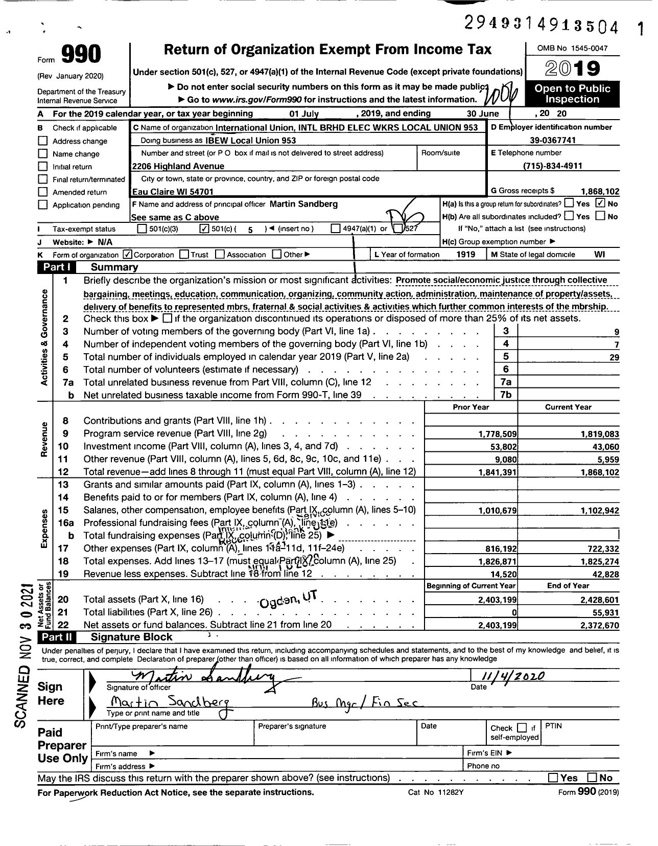 Image of first page of 2019 Form 990O for International Brotherhood of Electrical Workers - IBEW Local Union 953