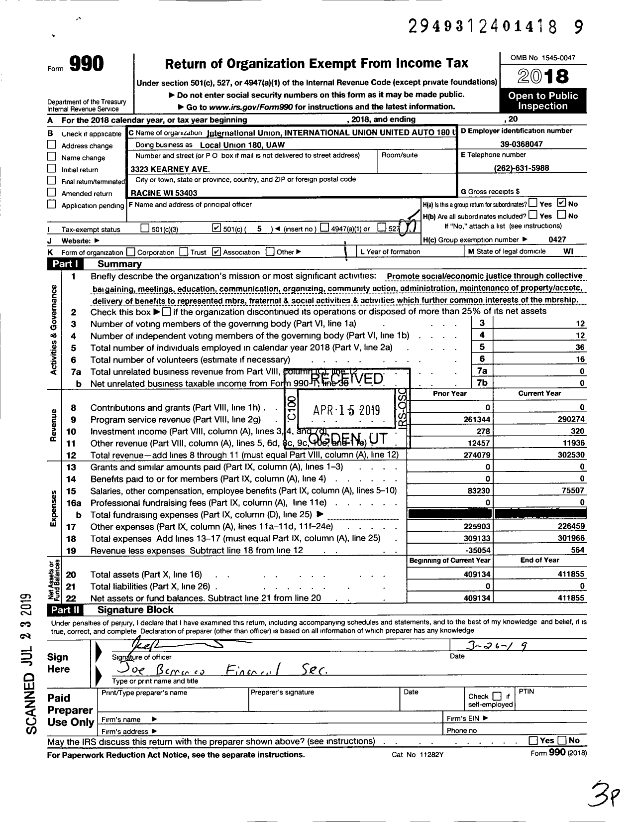 Image of first page of 2018 Form 990O for International Union UAW Local 180