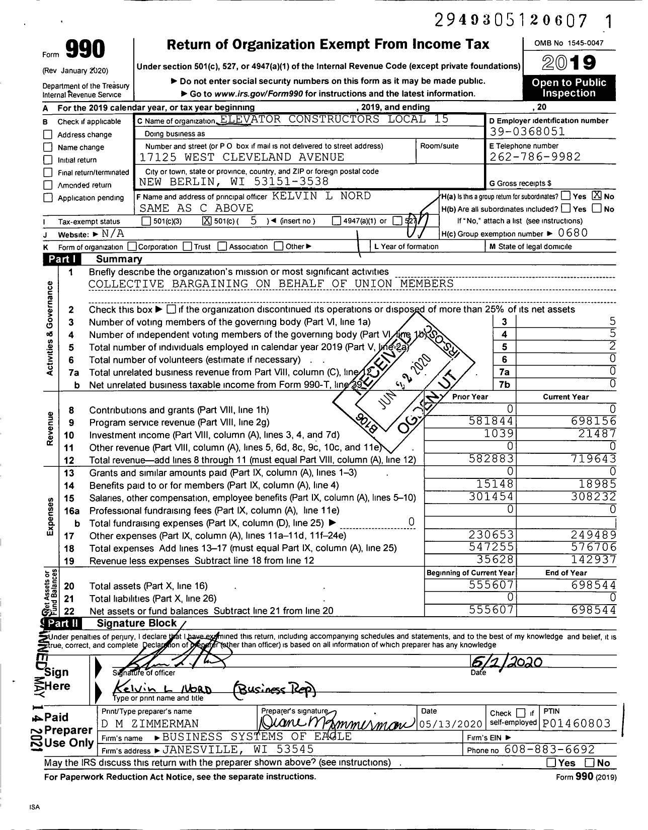 Image of first page of 2019 Form 990O for International Union of Elevator Constructors - Elevator Constructors Local 15