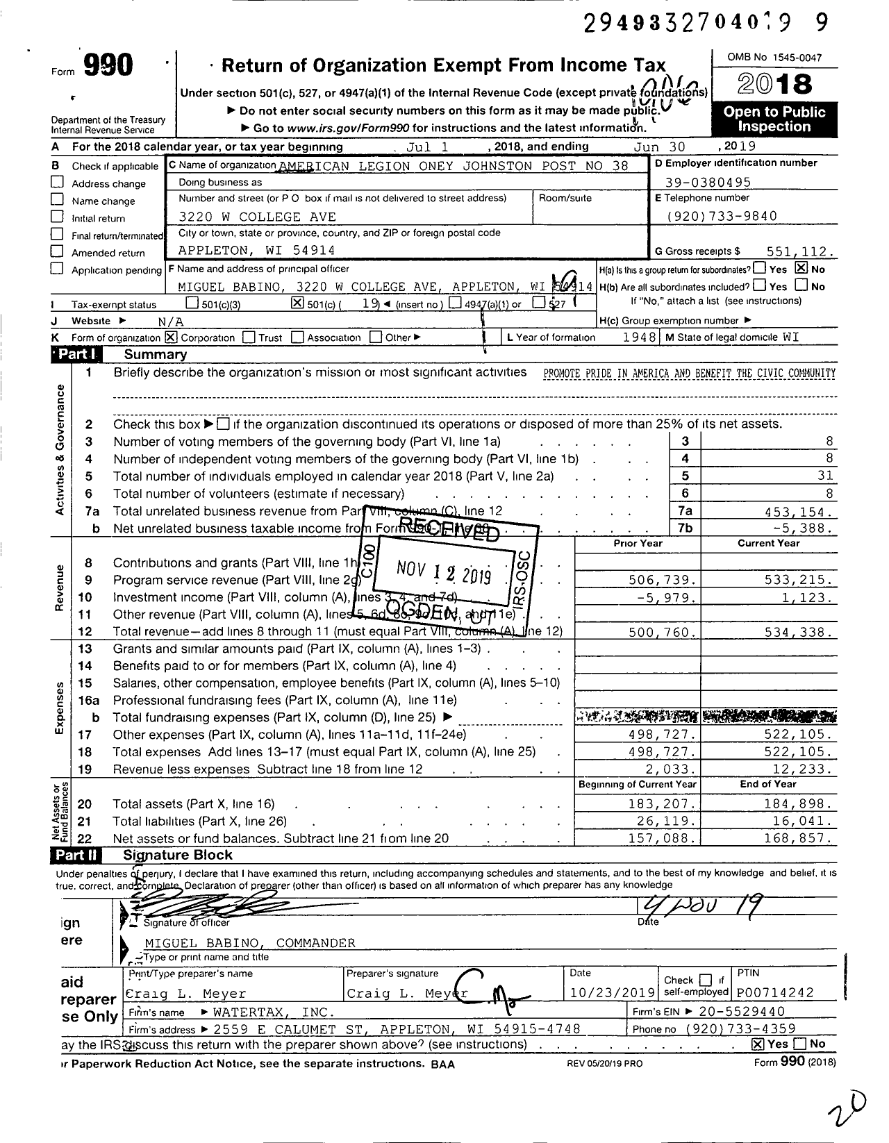 Image of first page of 2018 Form 990O for American Legion - 38 Oney Johnston-Edward Blessman in