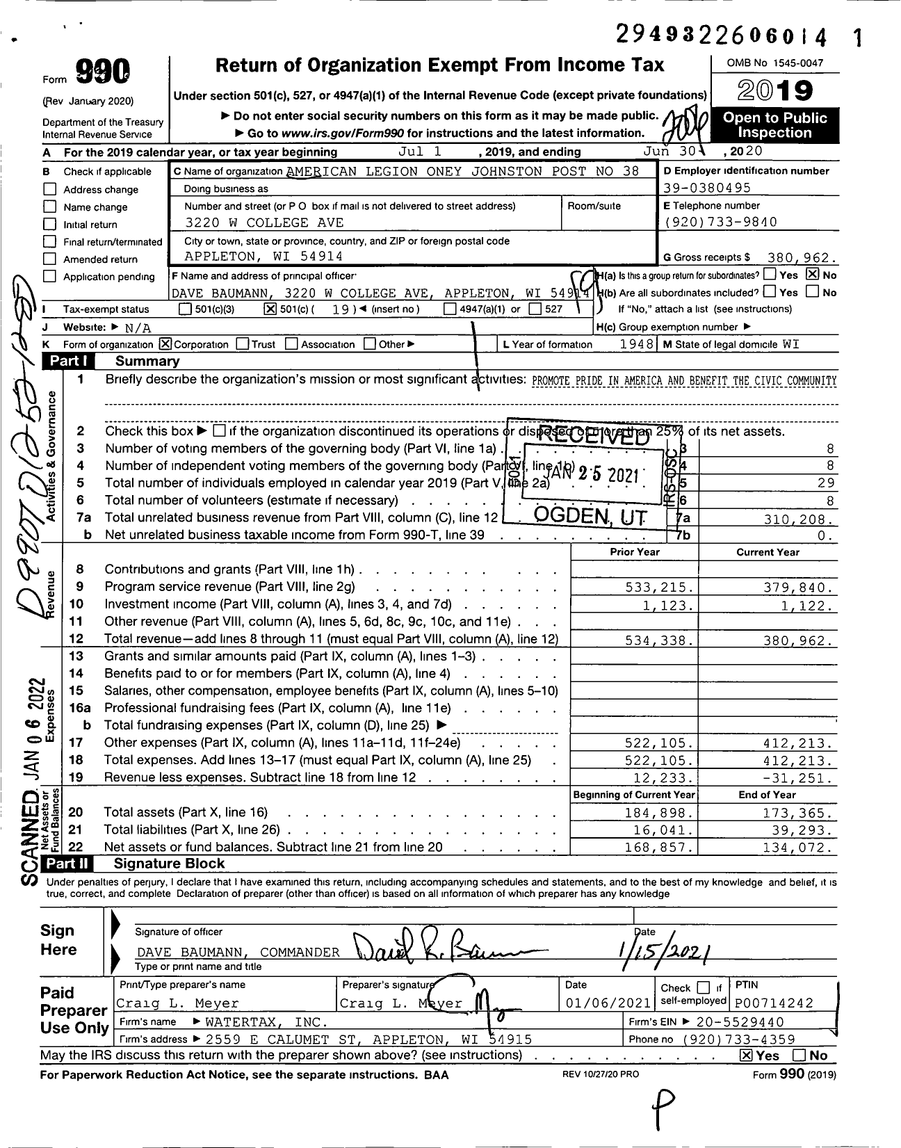 Image of first page of 2019 Form 990O for American Legion - 38 Oney Johnston-Edward Blessman in
