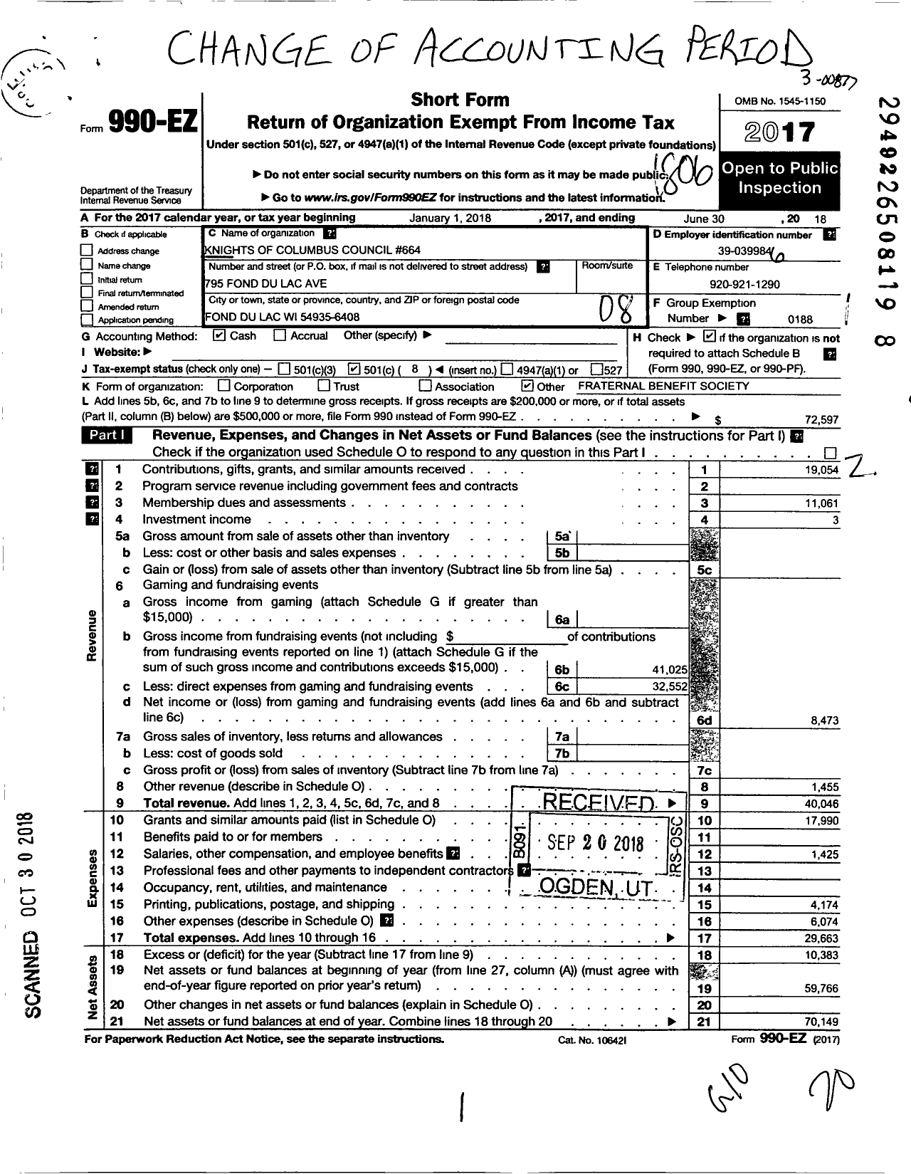 Image of first page of 2017 Form 990EO for Knights of Columbus - 664 Father Mathias Zerfas Council