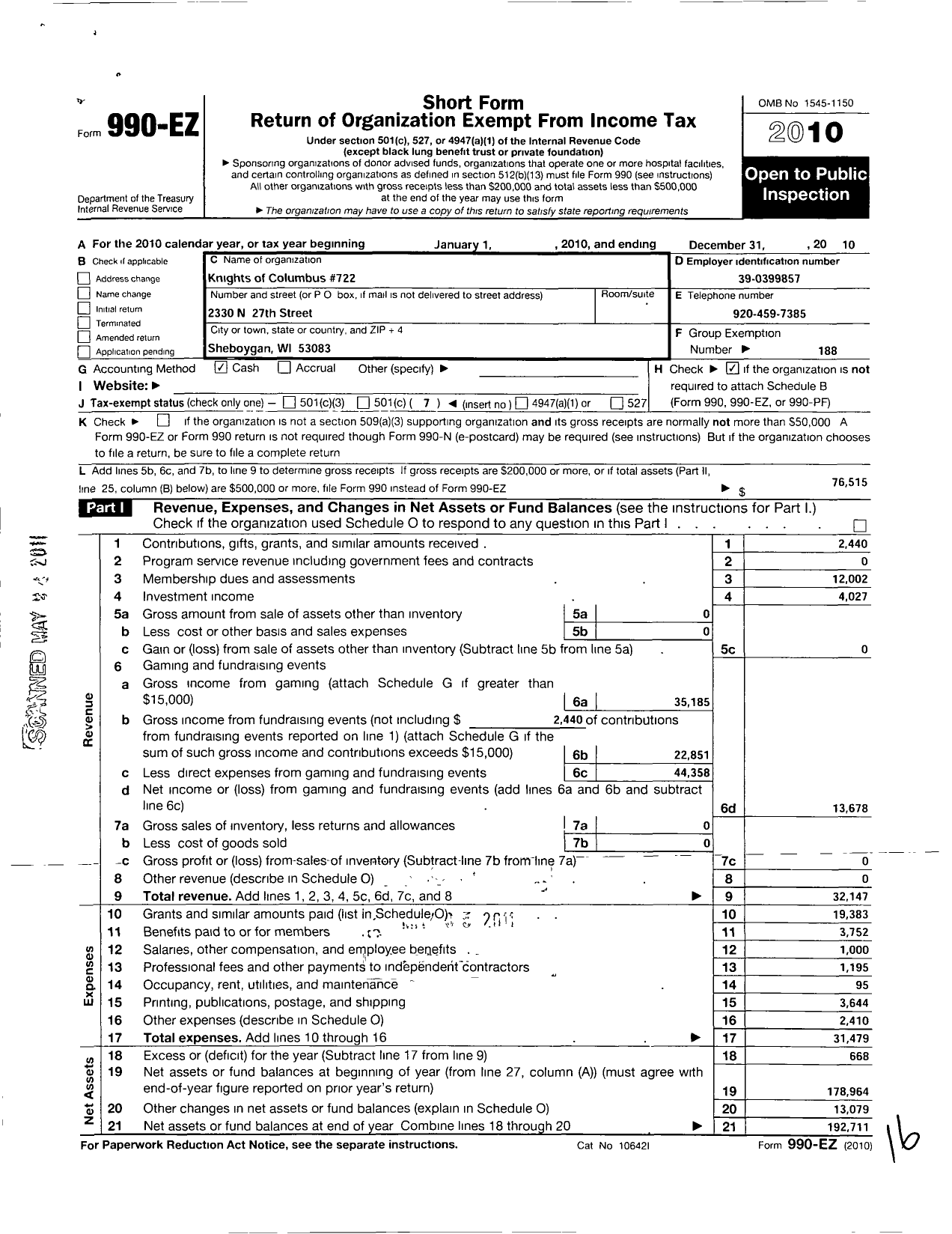 Image of first page of 2010 Form 990EO for Knights of Columbus - 722 Our Lady of the Rosary Council