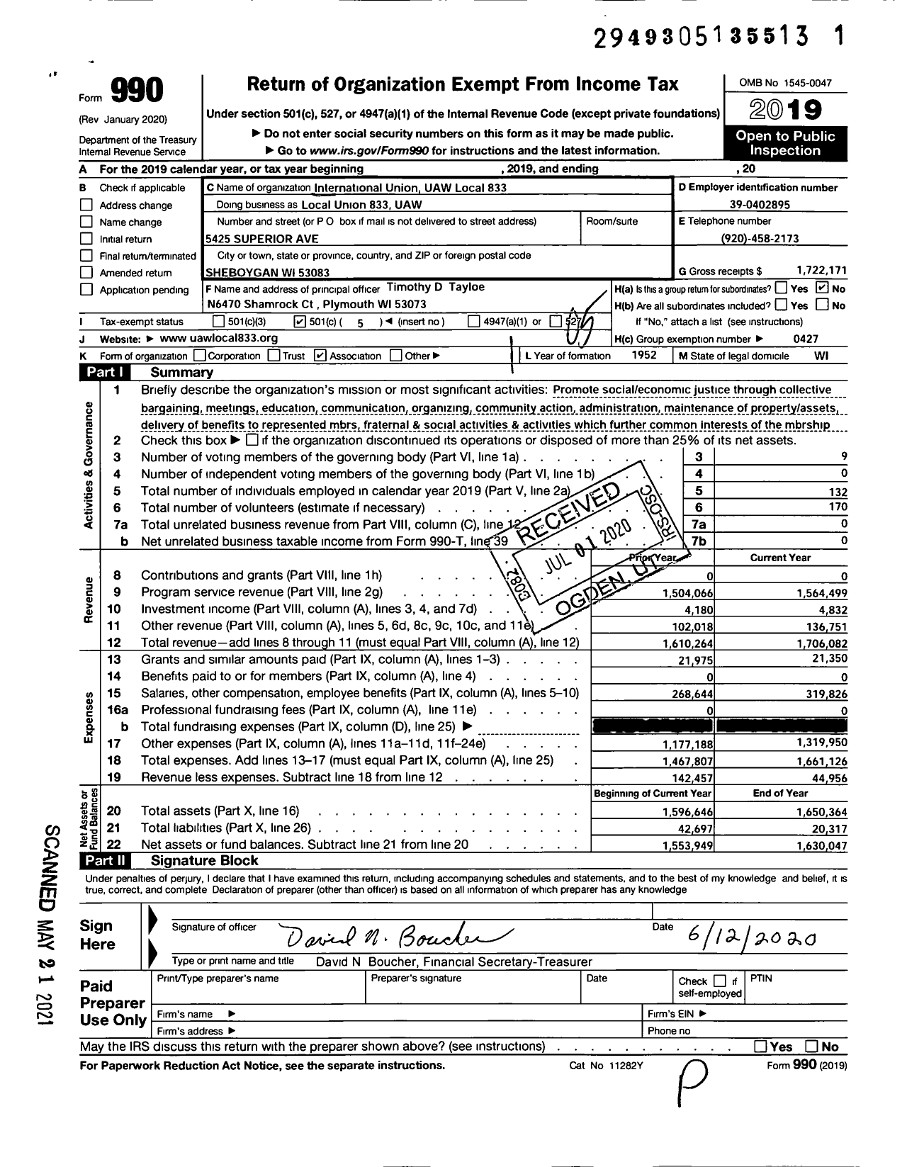 Image of first page of 2019 Form 990O for UAW - Local Union 833 UAW