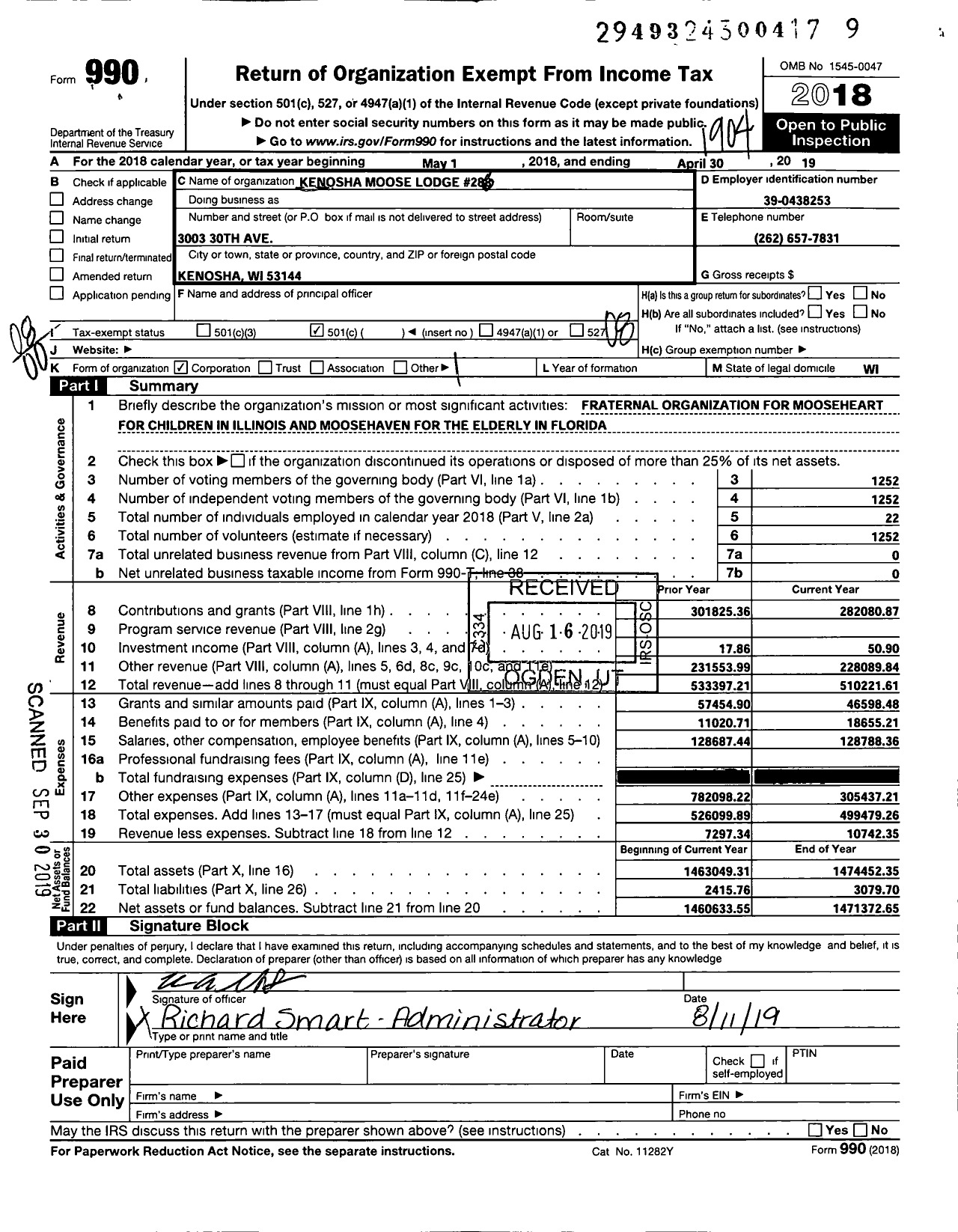 Image of first page of 2018 Form 990O for Loyal Order of Moose - 286