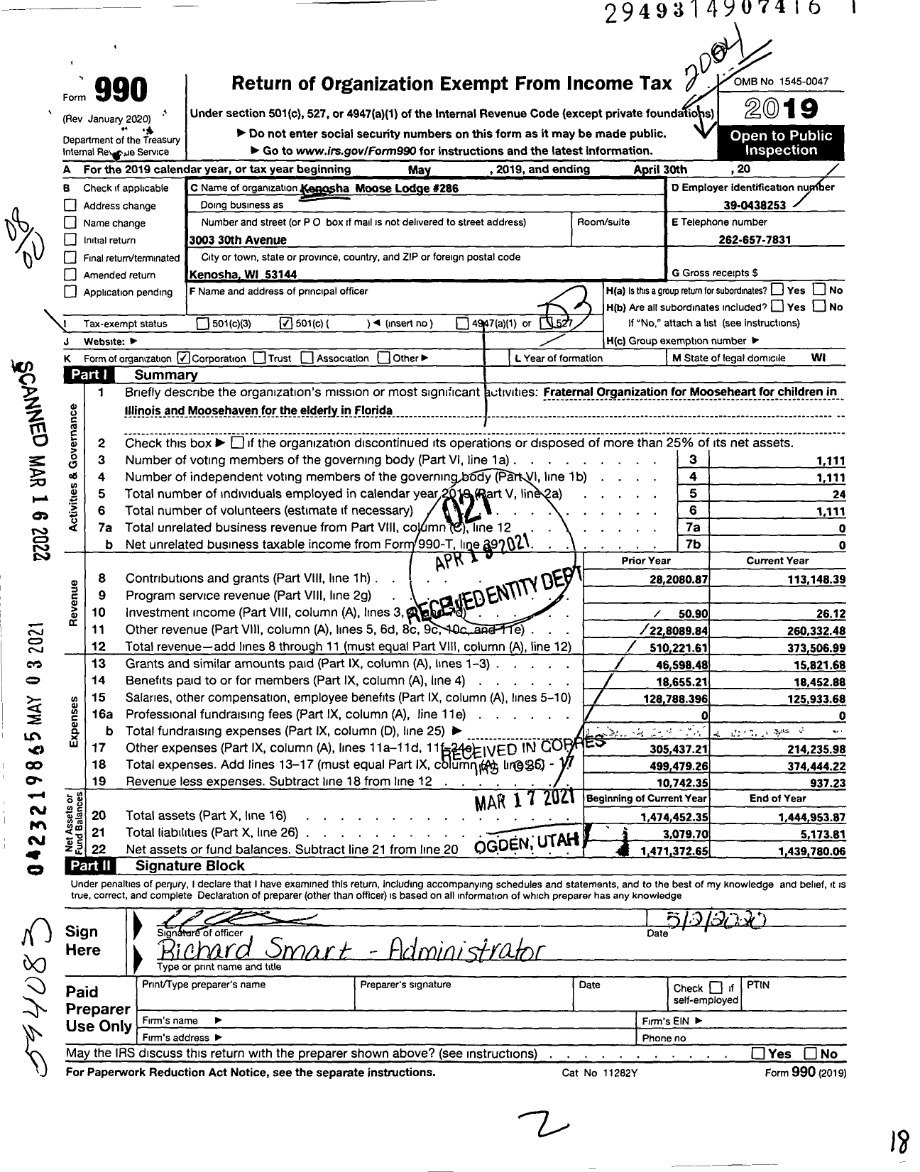 Image of first page of 2019 Form 990O for Loyal Order of Moose - 286