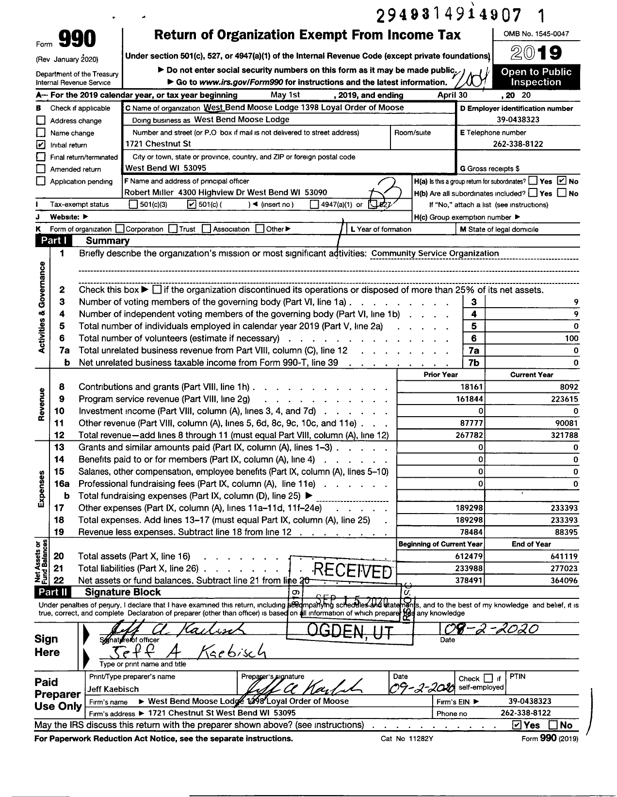 Image of first page of 2019 Form 990 for Loyal Order of Moose - West Bend Moose Lodge