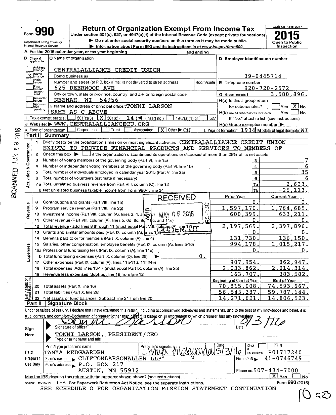 Image of first page of 2015 Form 990O for Centralalliance Credit Union