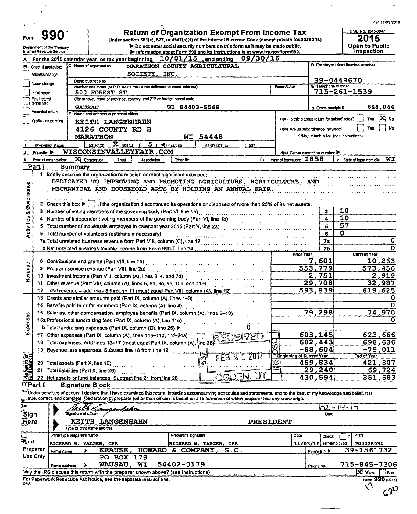 Image of first page of 2015 Form 990O for Marathon County Agricultural Society