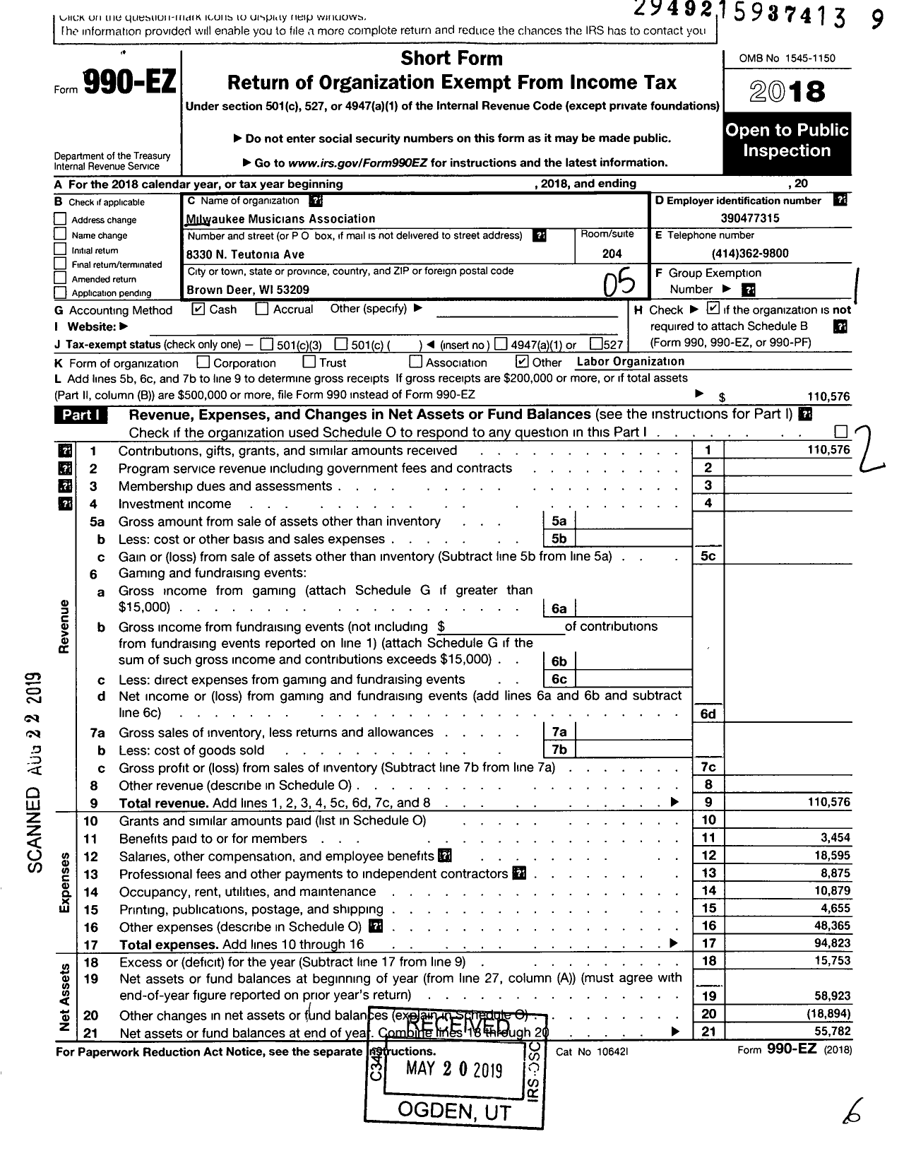 Image of first page of 2018 Form 990EO for American Federation of Musicians - 8 Local Milwaukee