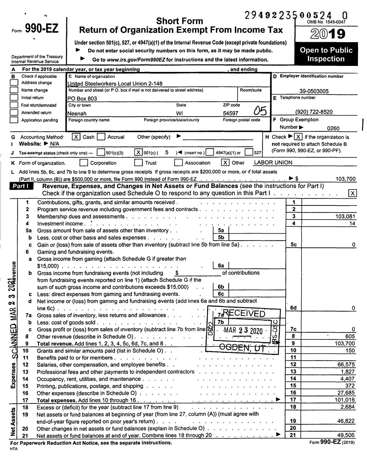 Image of first page of 2019 Form 990EO for United Steelworkers - 2-00148 Local