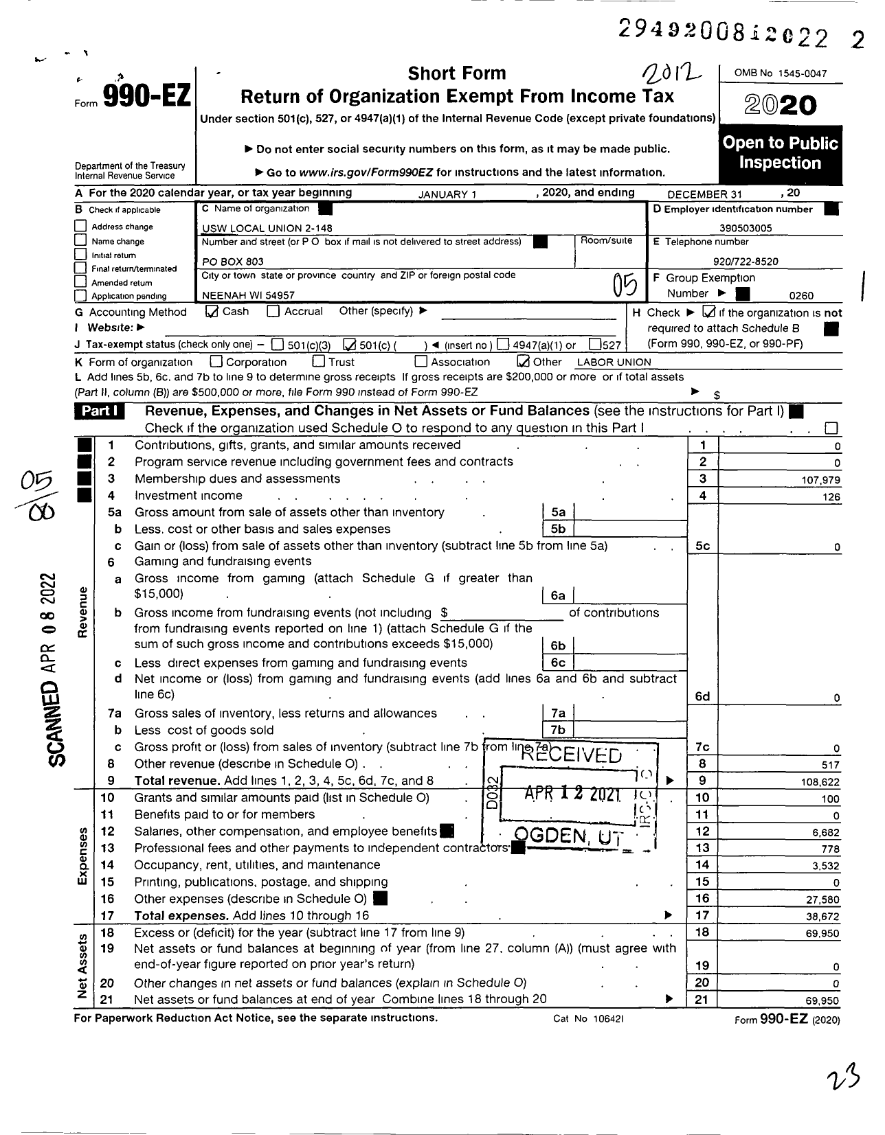 Image of first page of 2020 Form 990EO for United Steelworkers - 2-00148 Local