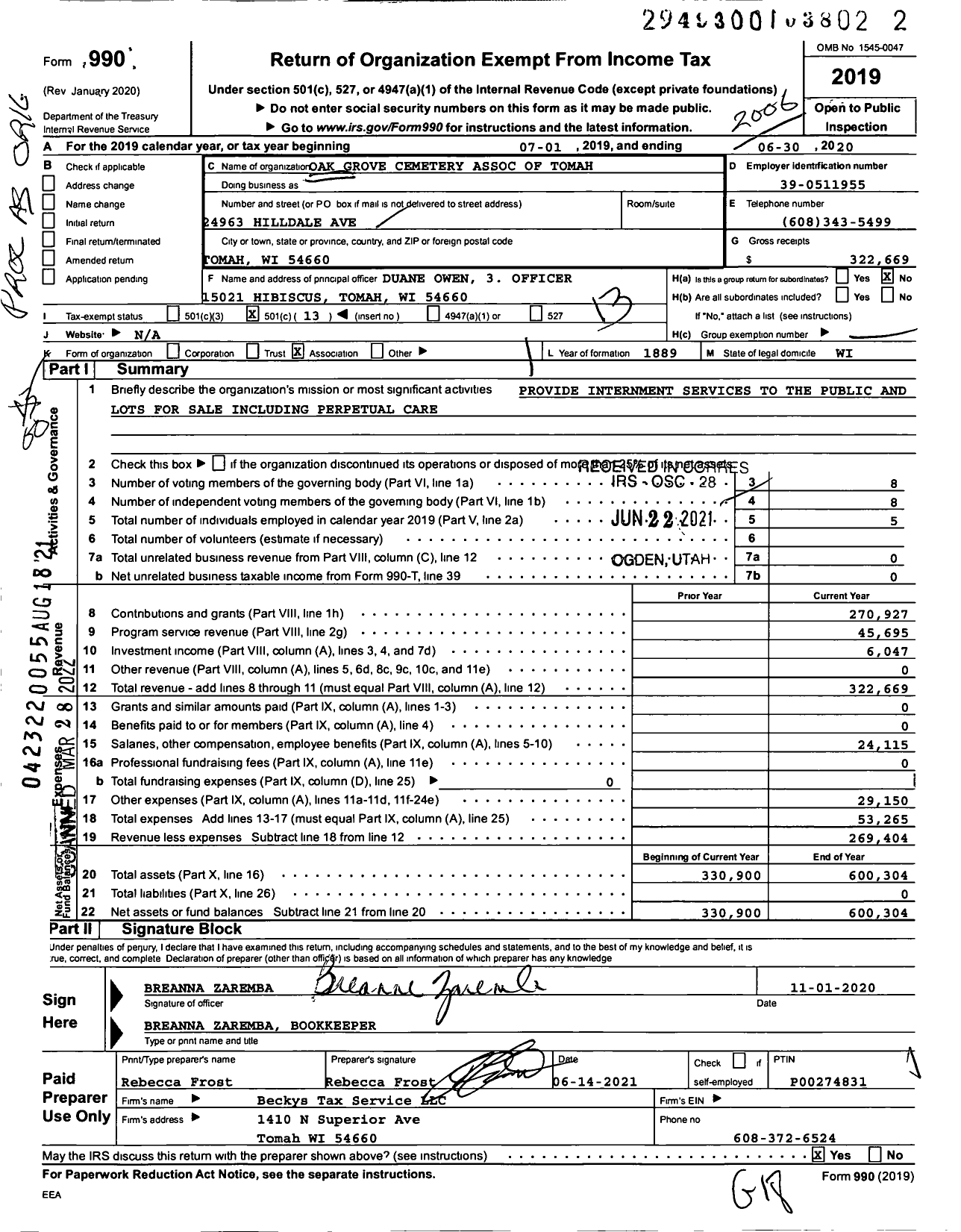 Image of first page of 2019 Form 990O for Oak Grove Cemetery Association of Tomah