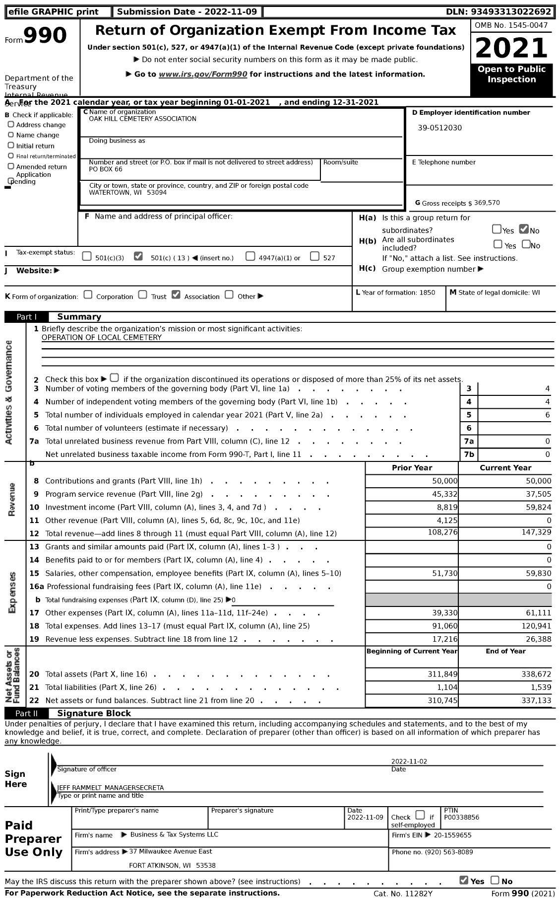 Image of first page of 2021 Form 990 for Oak Hill Cemetery Association