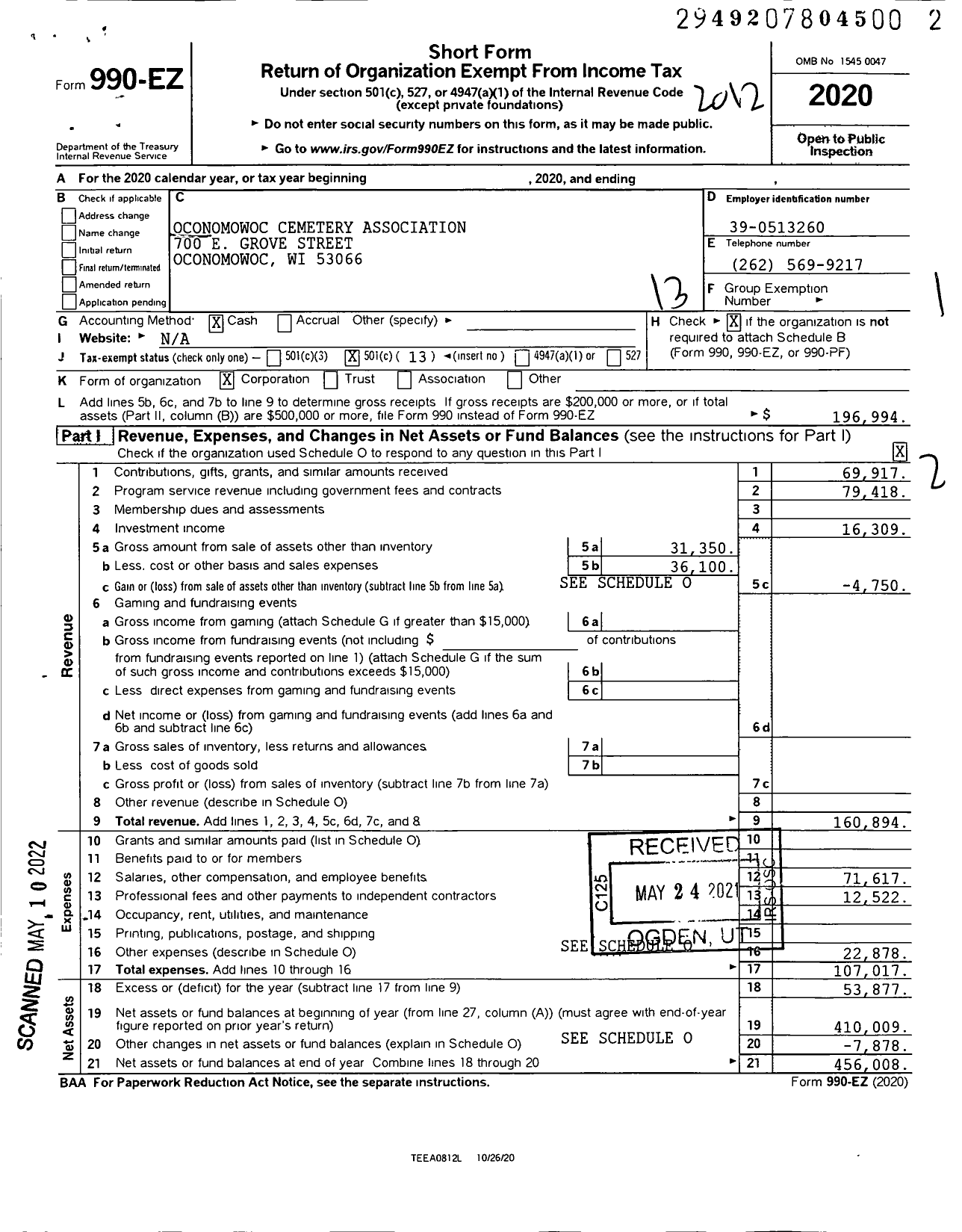 Image of first page of 2020 Form 990EO for Oconomowoc Cemetery Association