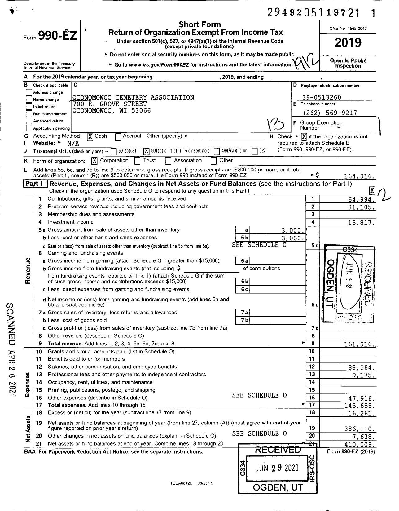 Image of first page of 2019 Form 990EO for Oconomowoc Cemetery Association