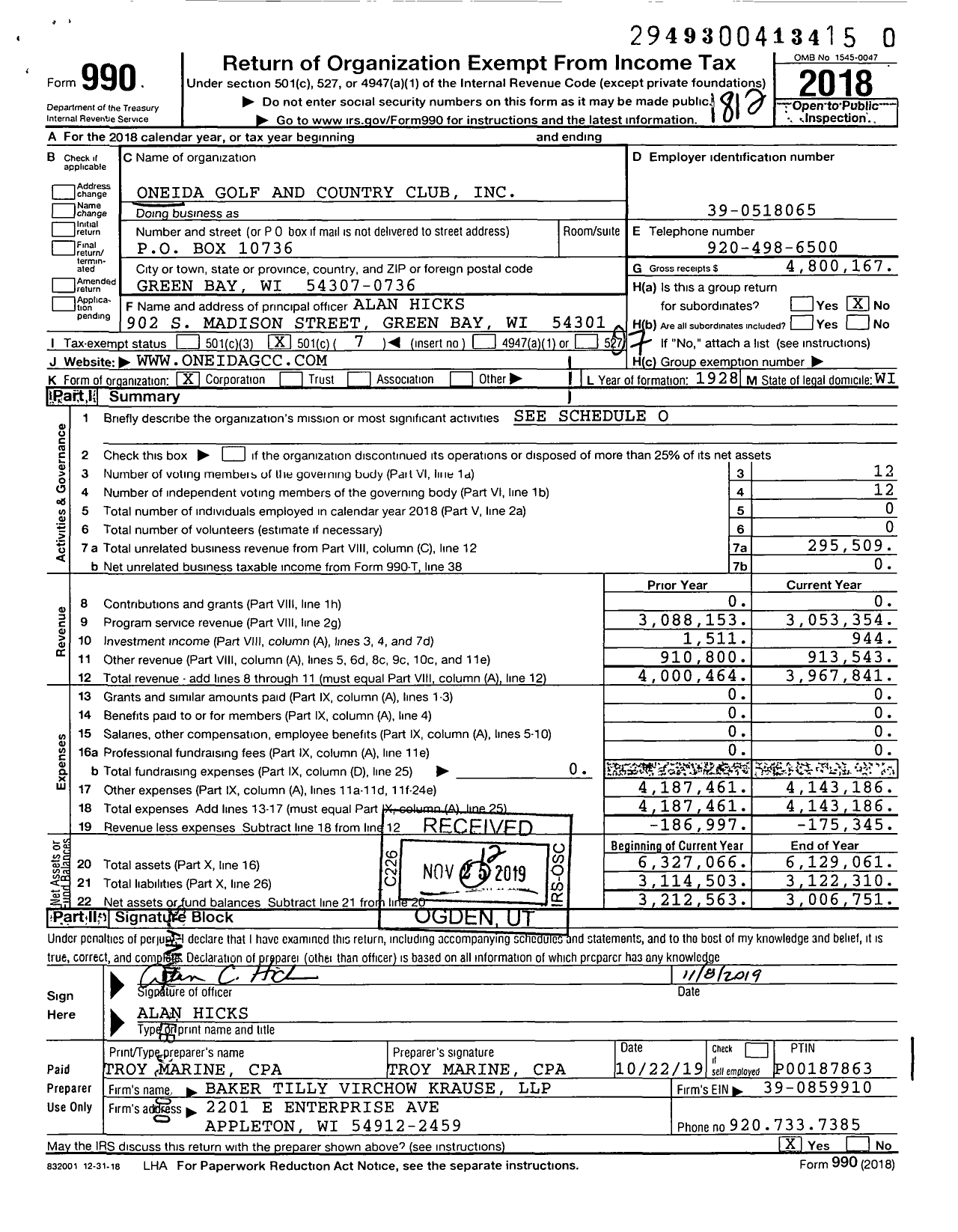 Image of first page of 2018 Form 990O for Oneida Golf and Country Club