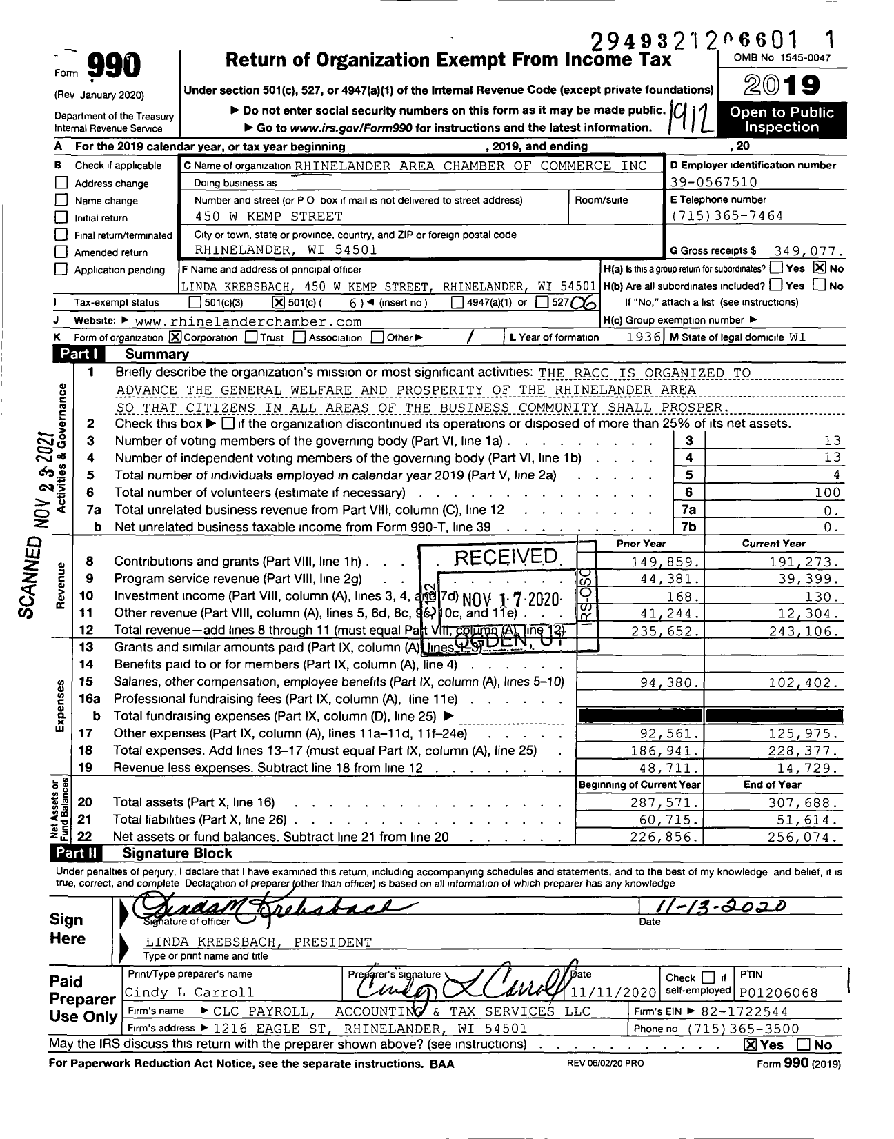 Image of first page of 2019 Form 990O for Rhinelander Area Chamber of Commerce