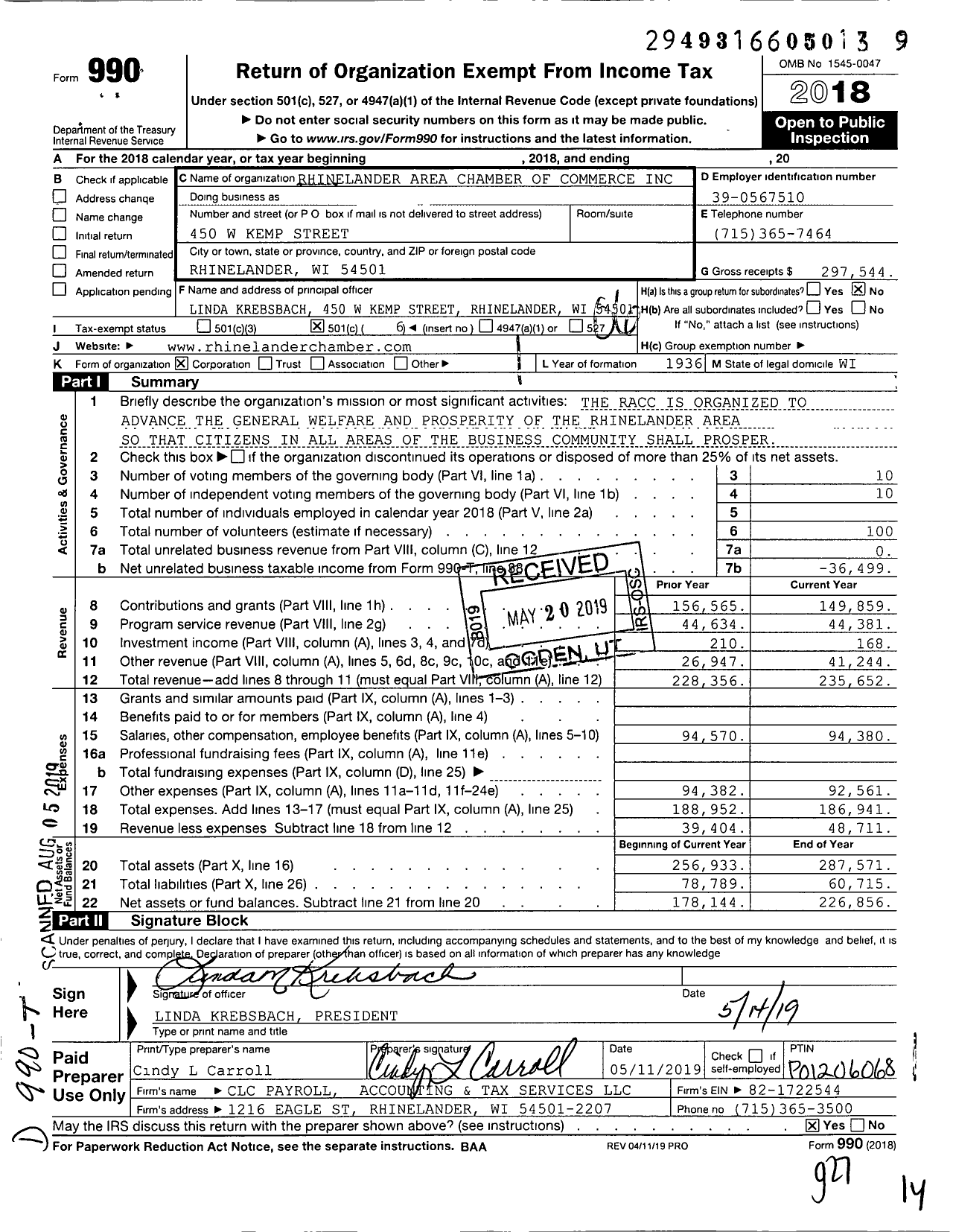 Image of first page of 2018 Form 990O for Rhinelander Area Chamber of Commerce