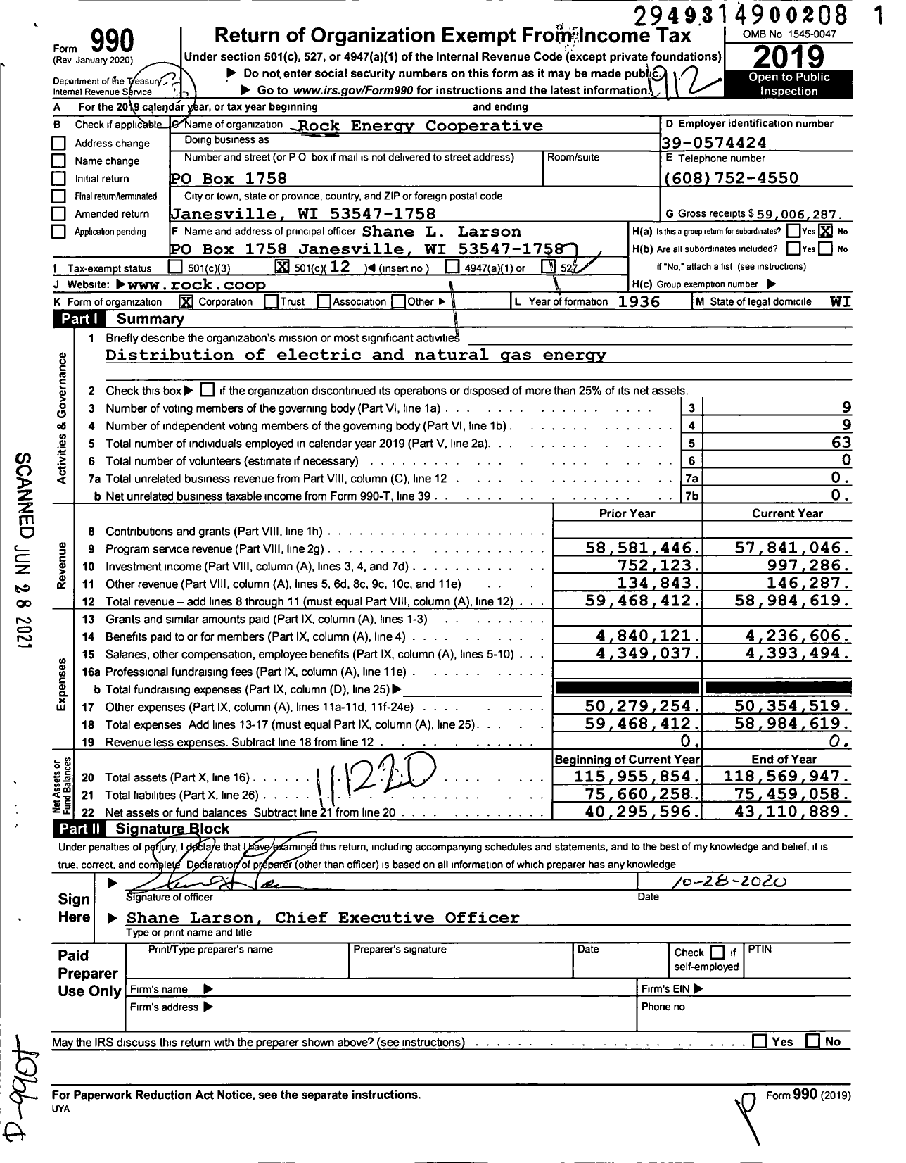 Image of first page of 2019 Form 990O for Rock Energy Cooperative