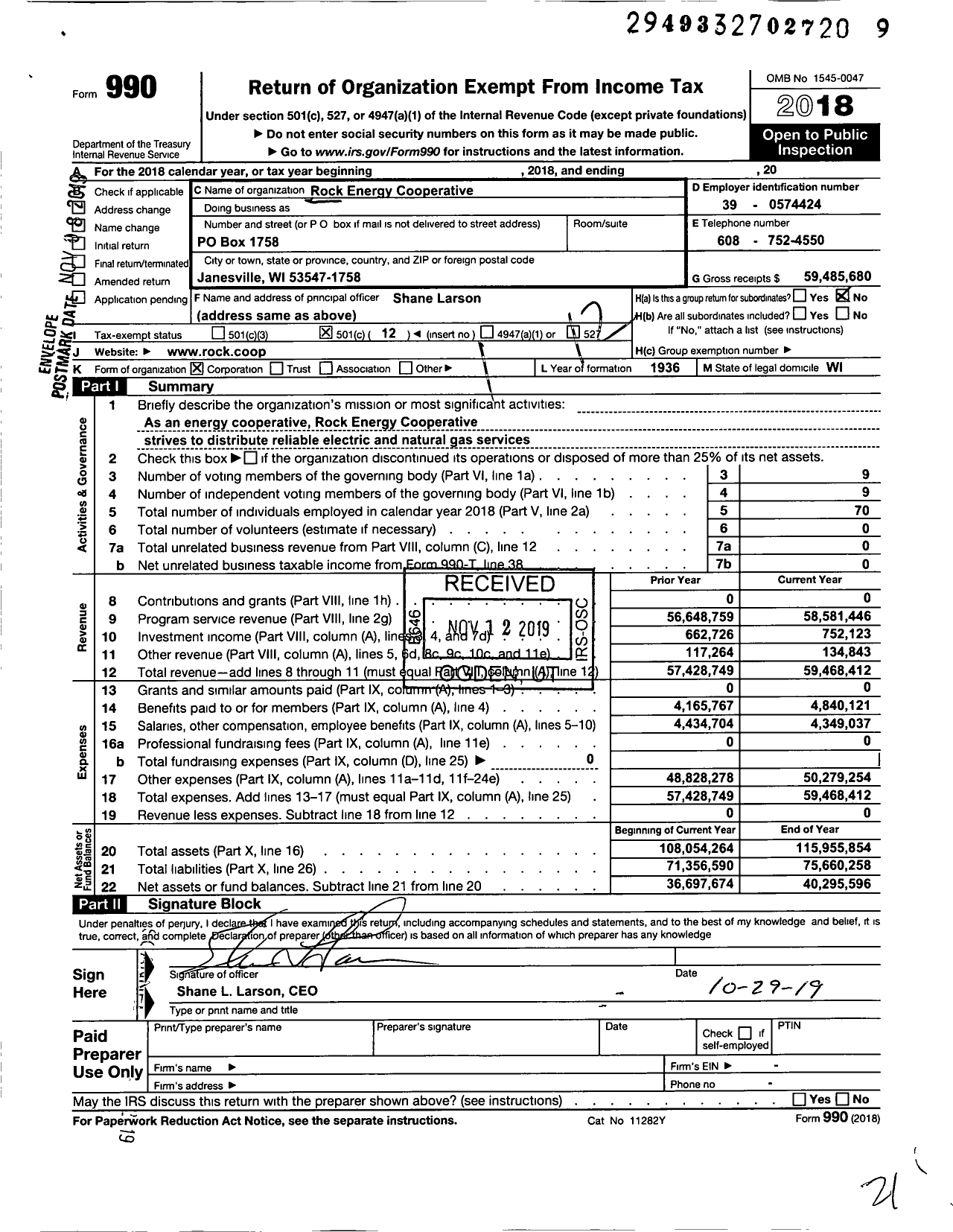 Image of first page of 2018 Form 990O for Rock Energy Cooperative