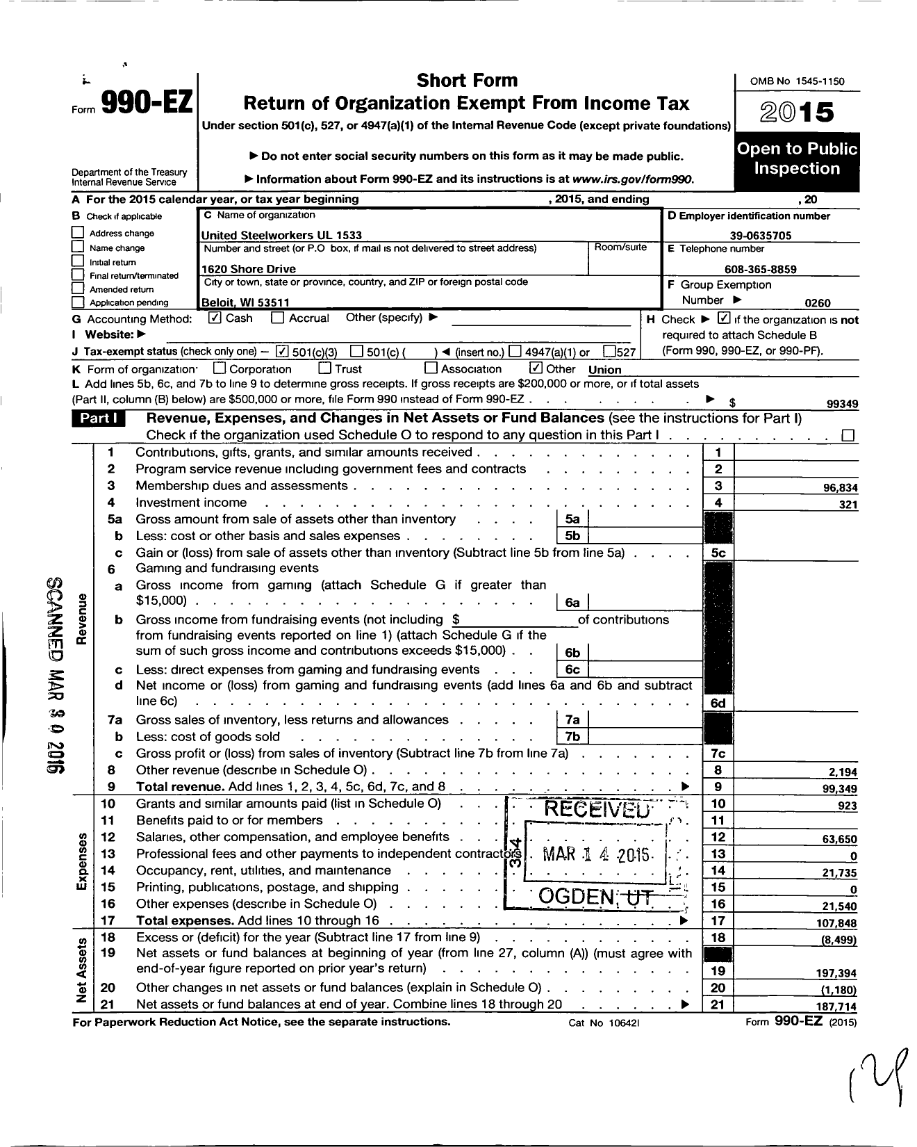 Image of first page of 2015 Form 990EZ for United Steelworkers - 01533 Local