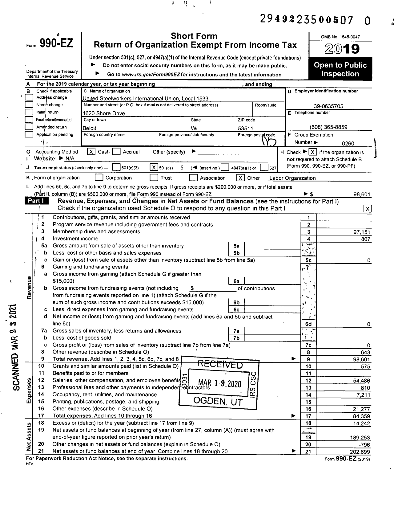 Image of first page of 2019 Form 990EO for United Steelworkers - 01533 Local