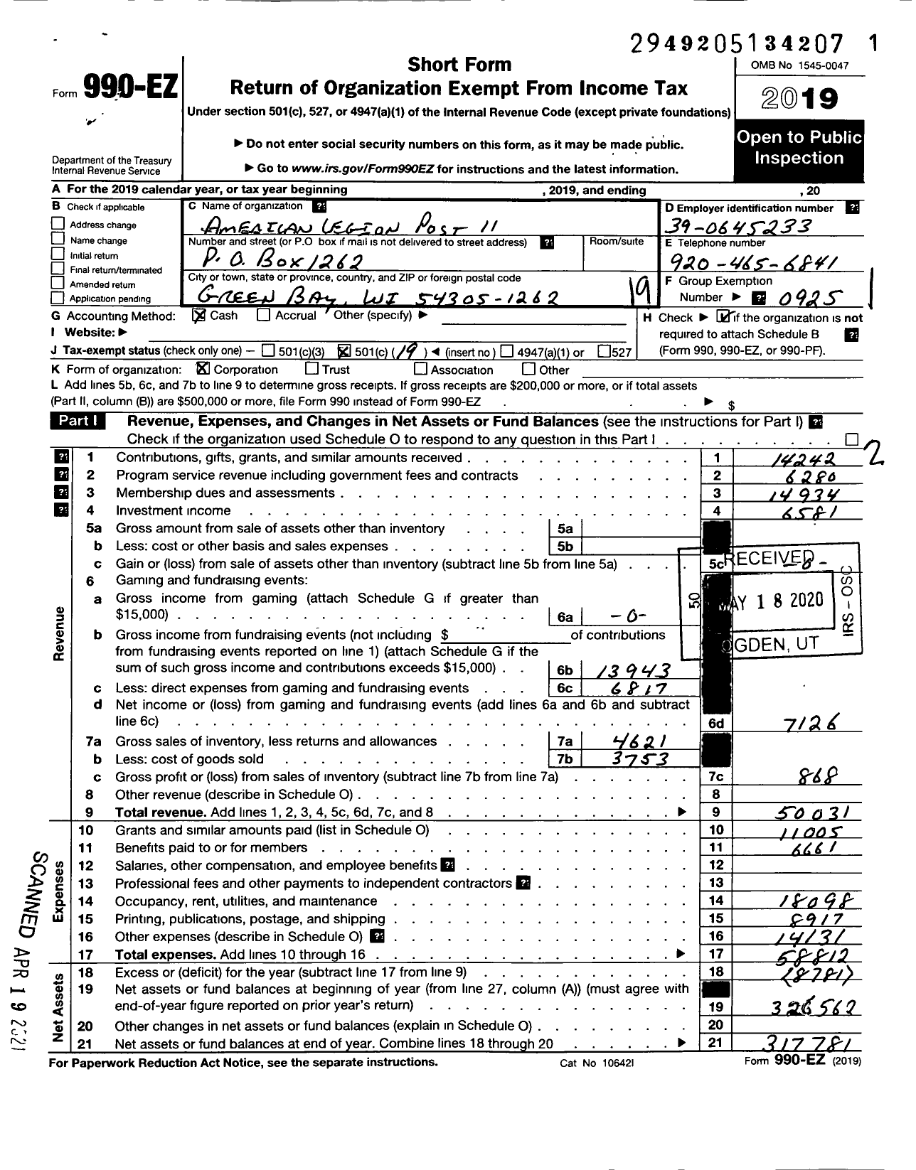 Image of first page of 2019 Form 990EO for American Legion - 0011 Sullivan Wallen