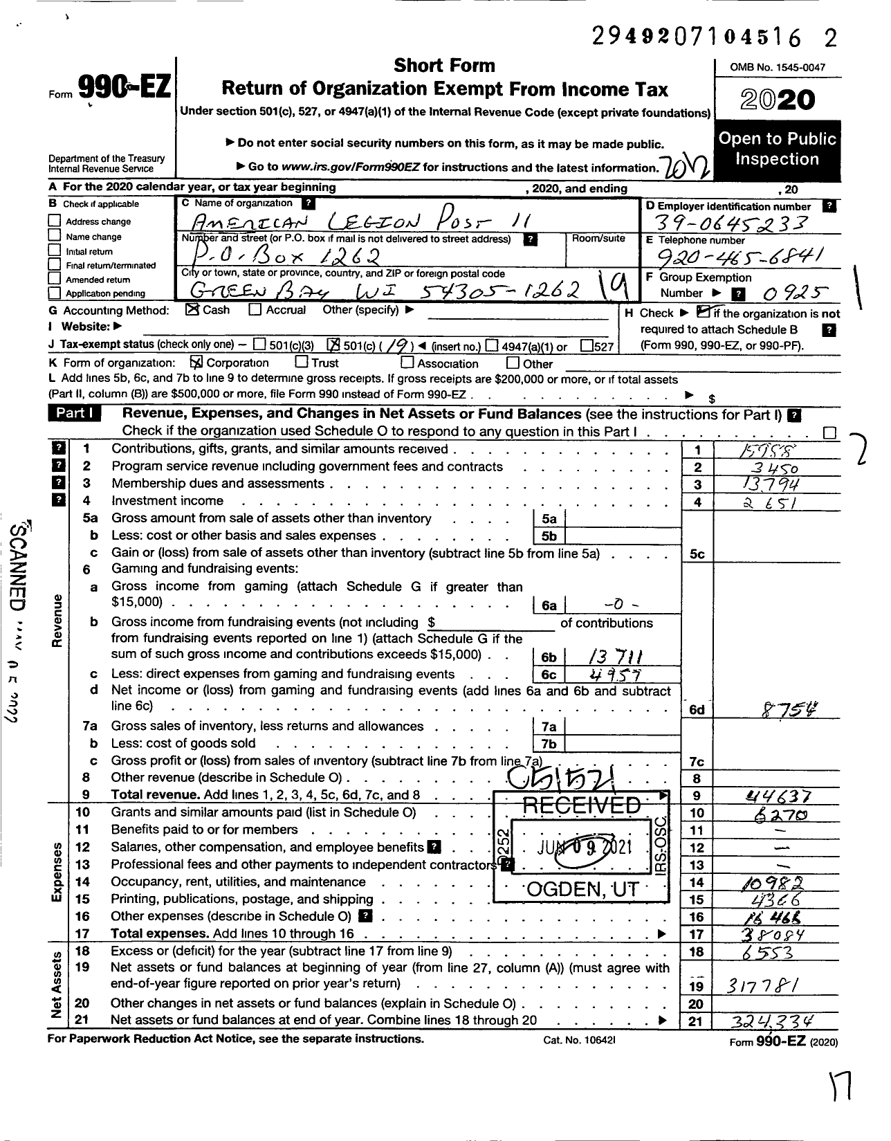 Image of first page of 2020 Form 990EO for American Legion - 0011 Sullivan Wallen