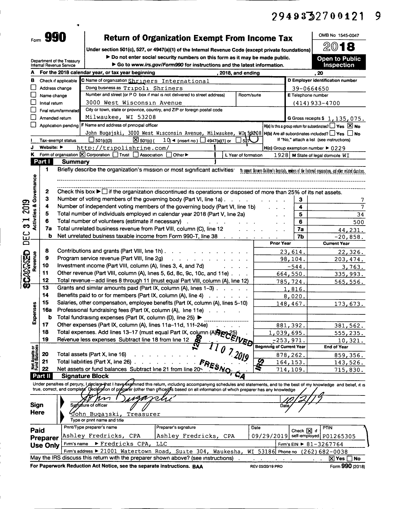 Image of first page of 2018 Form 990O for Shriners International - Tripoli Shriners