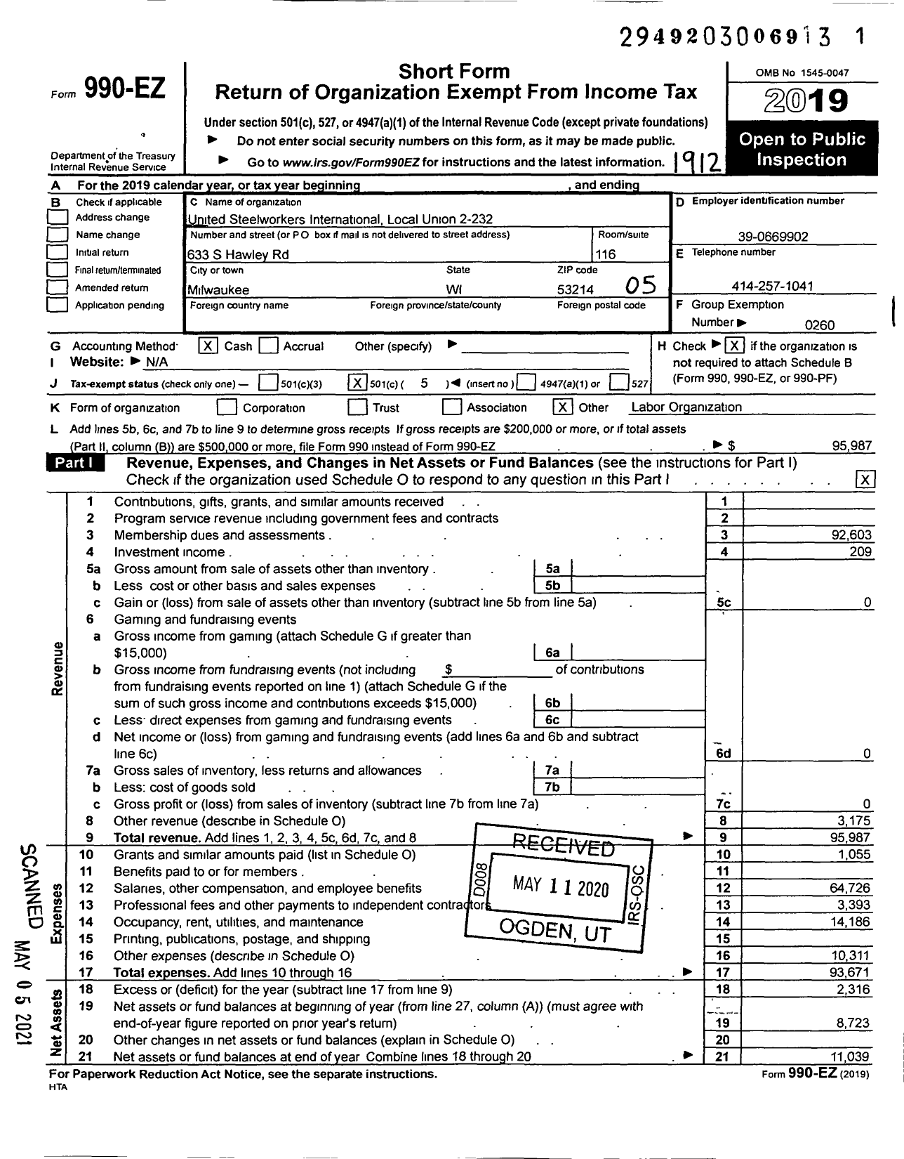 Image of first page of 2019 Form 990EO for United Steelworkers - 2-00232 Local