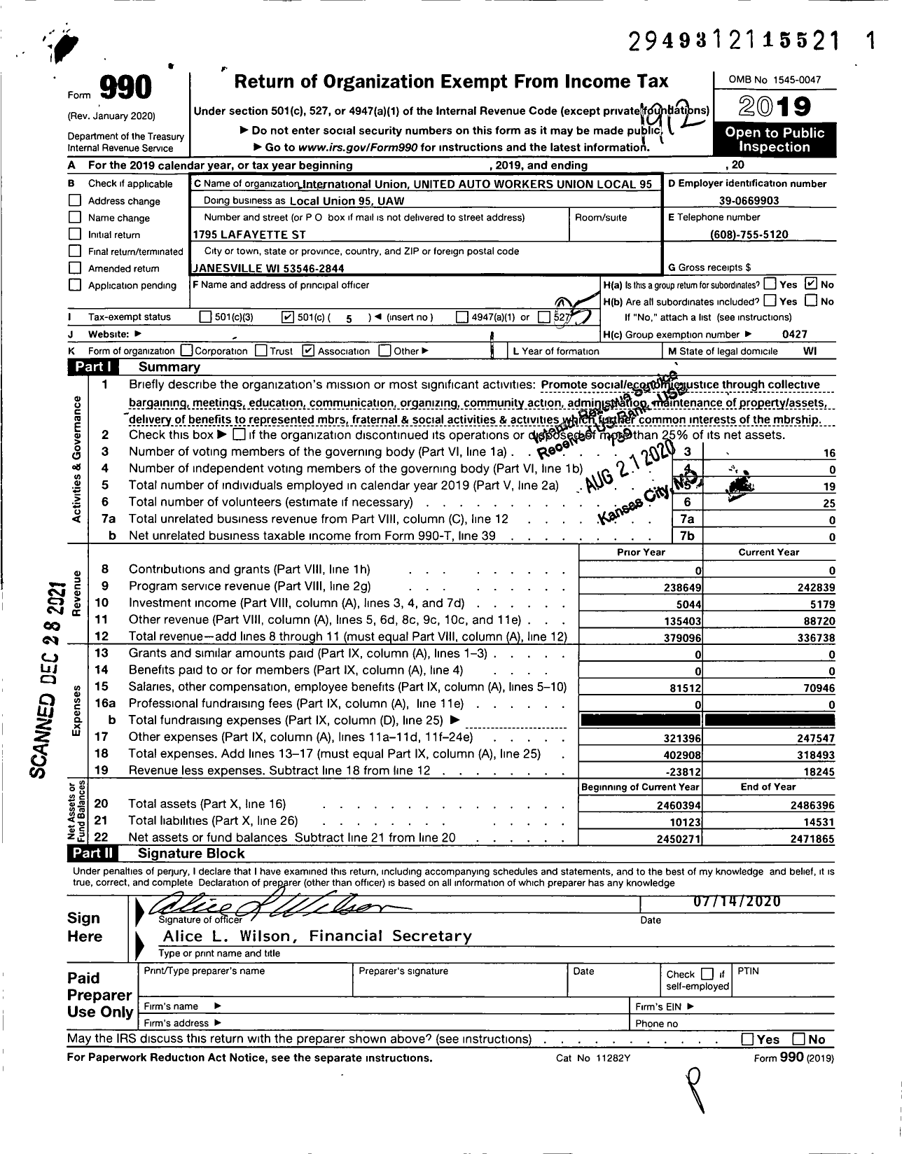 Image of first page of 2019 Form 990O for UAW - LOCAL Union 95 UAW