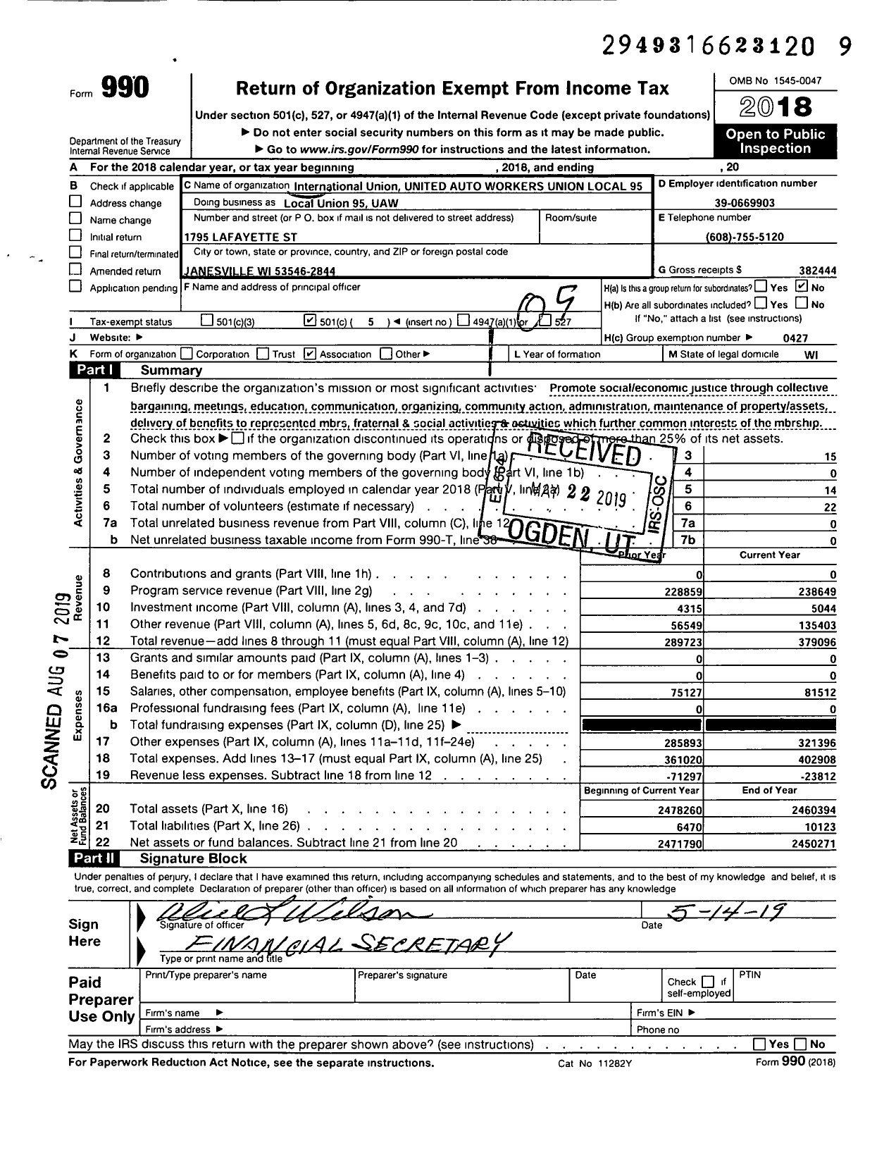Image of first page of 2018 Form 990O for UAW - LOCAL Union 95 UAW