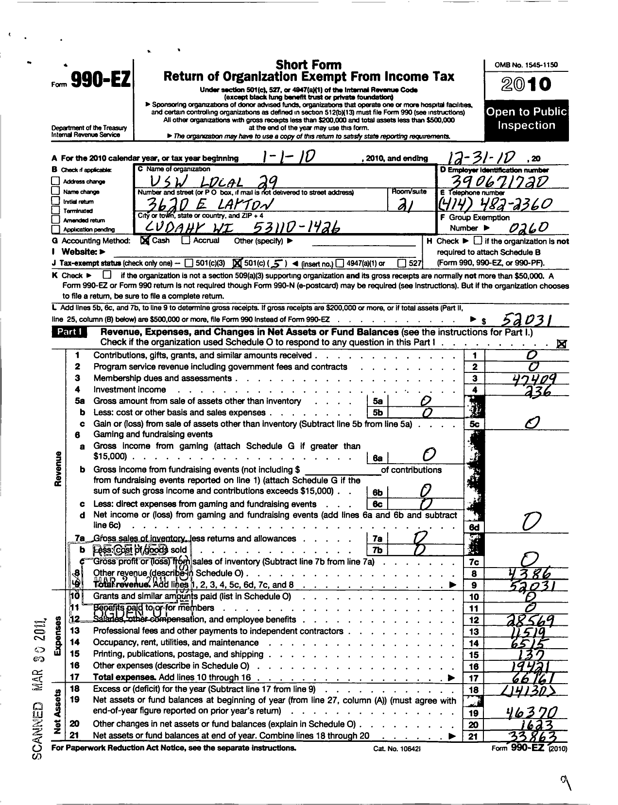 Image of first page of 2010 Form 990EO for United Steelworkers - 00029u Local