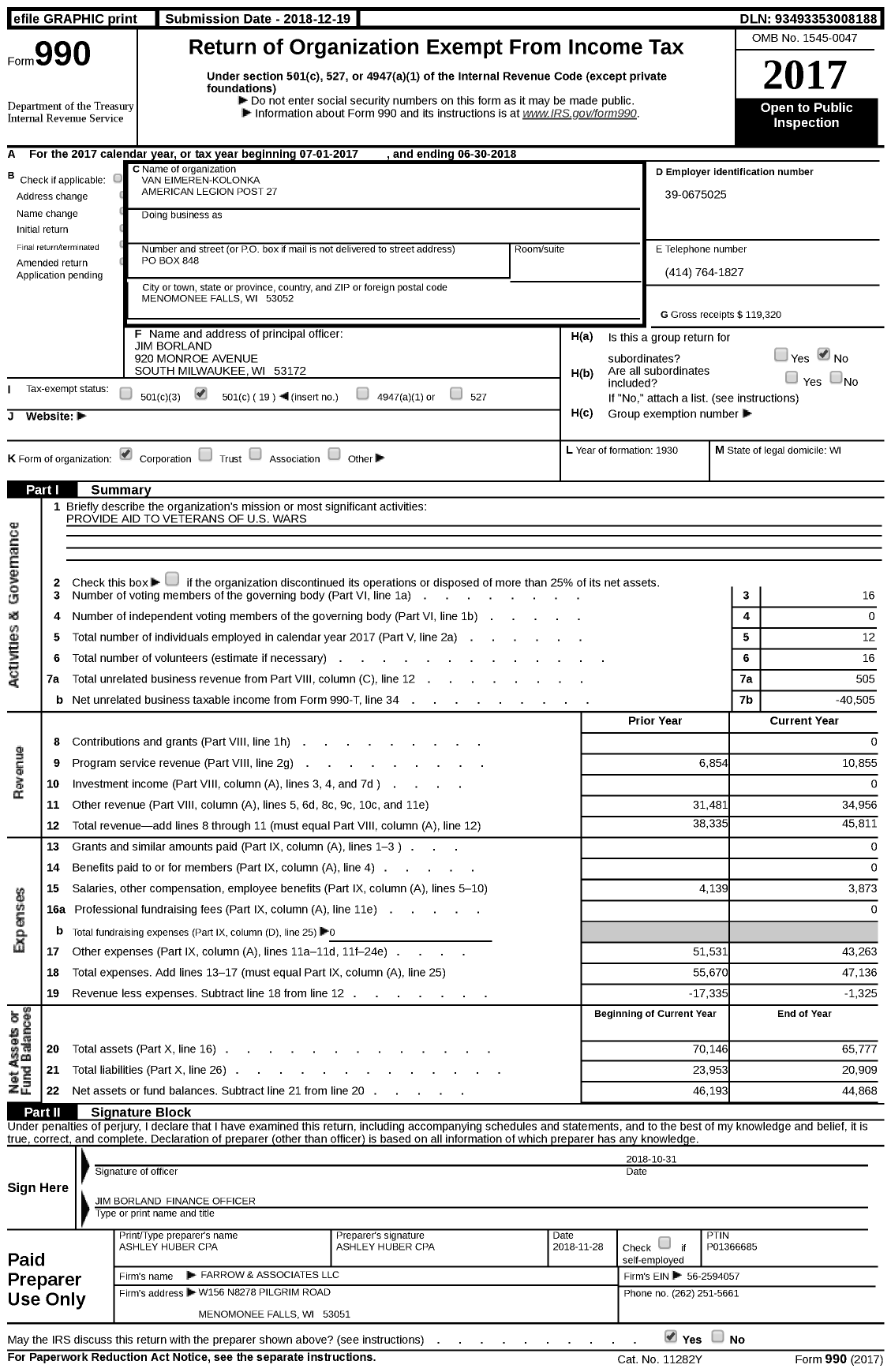 Image of first page of 2017 Form 990 for American Legion - Van Eimeren-Kolonka American Legion Post 27