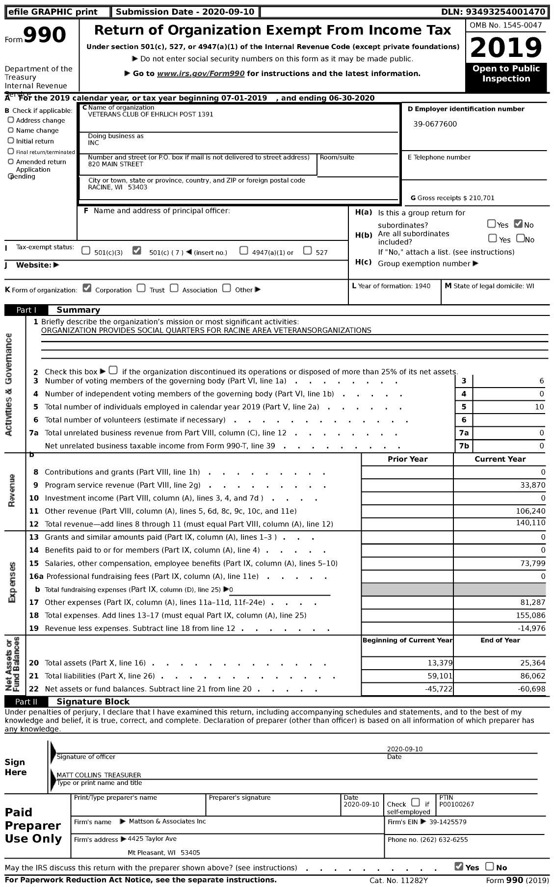 Image of first page of 2019 Form 990 for Inc / Veterans Club of Ehrlich Post 1391