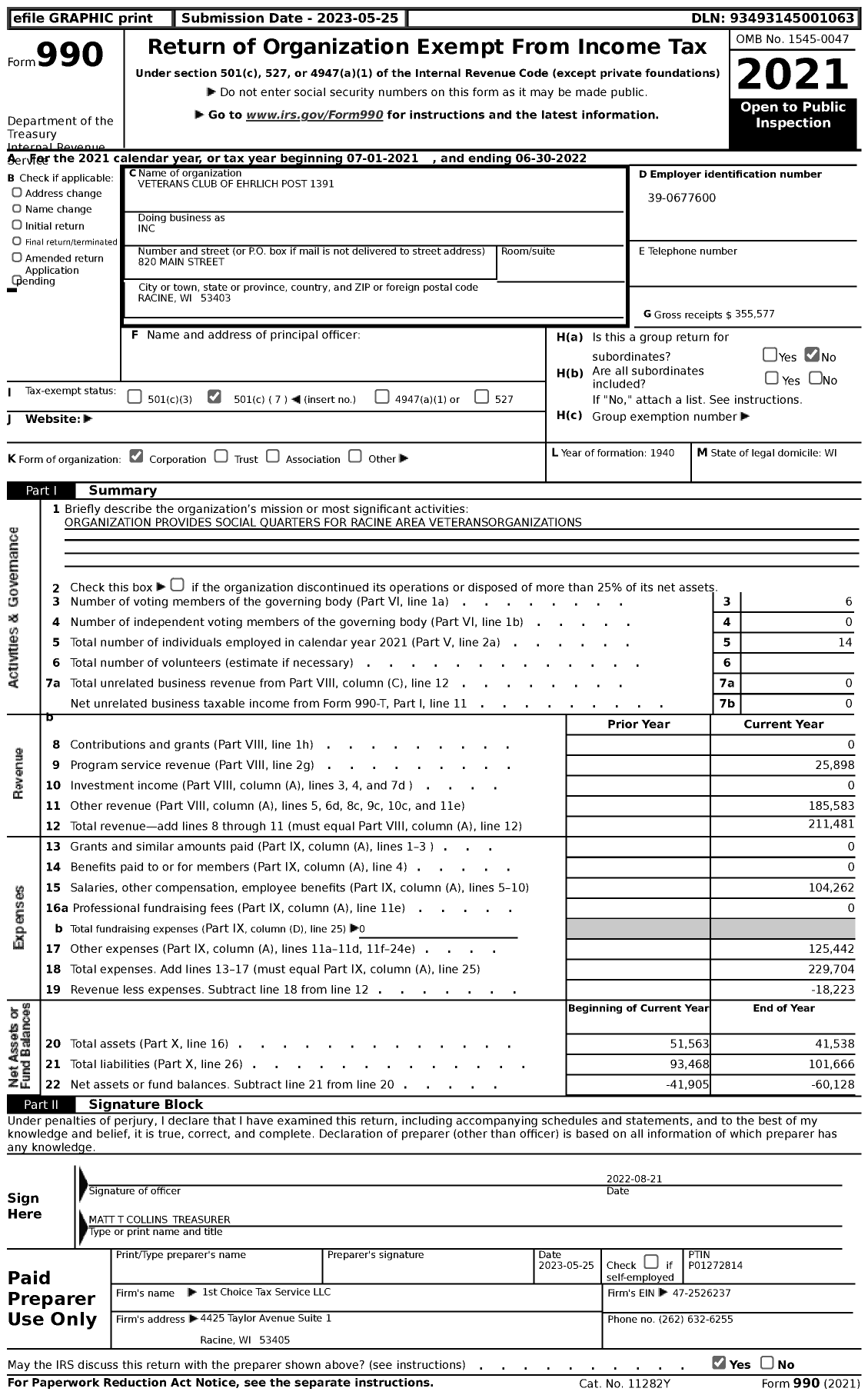 Image of first page of 2021 Form 990 for Inc / Veterans Club of Ehrlich Post 1391