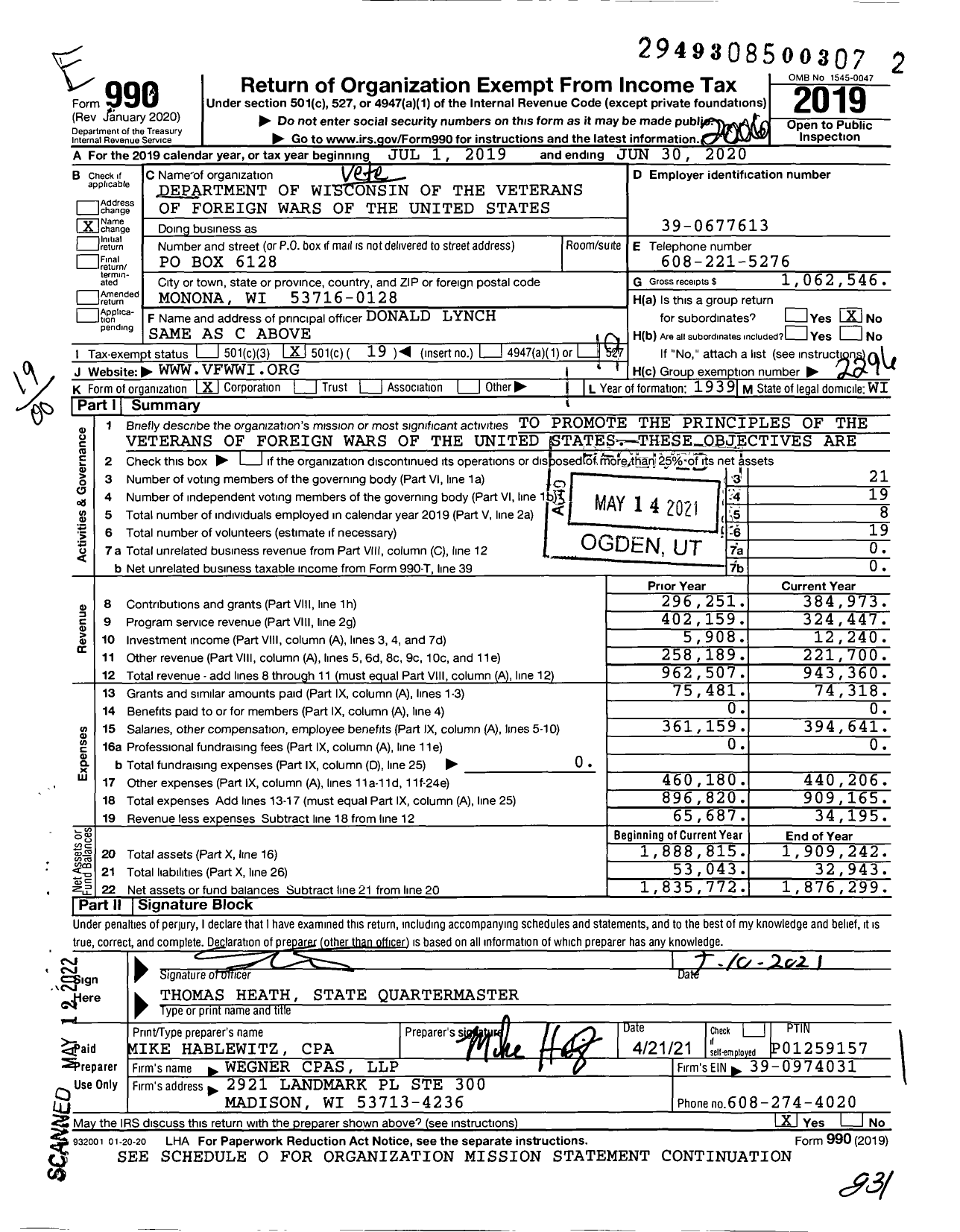 Image of first page of 2019 Form 990O for Veterans of Foreign Wars of the United States Department of Wisconsin