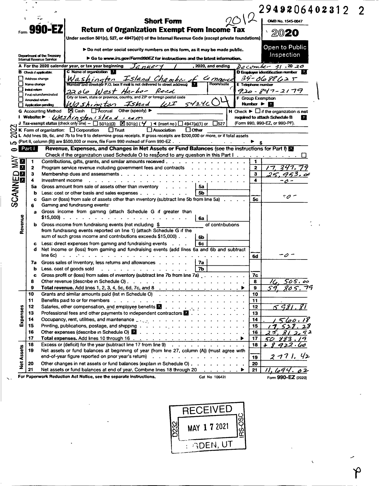 Image of first page of 2020 Form 990EO for Washington Island Chamber of Commerce