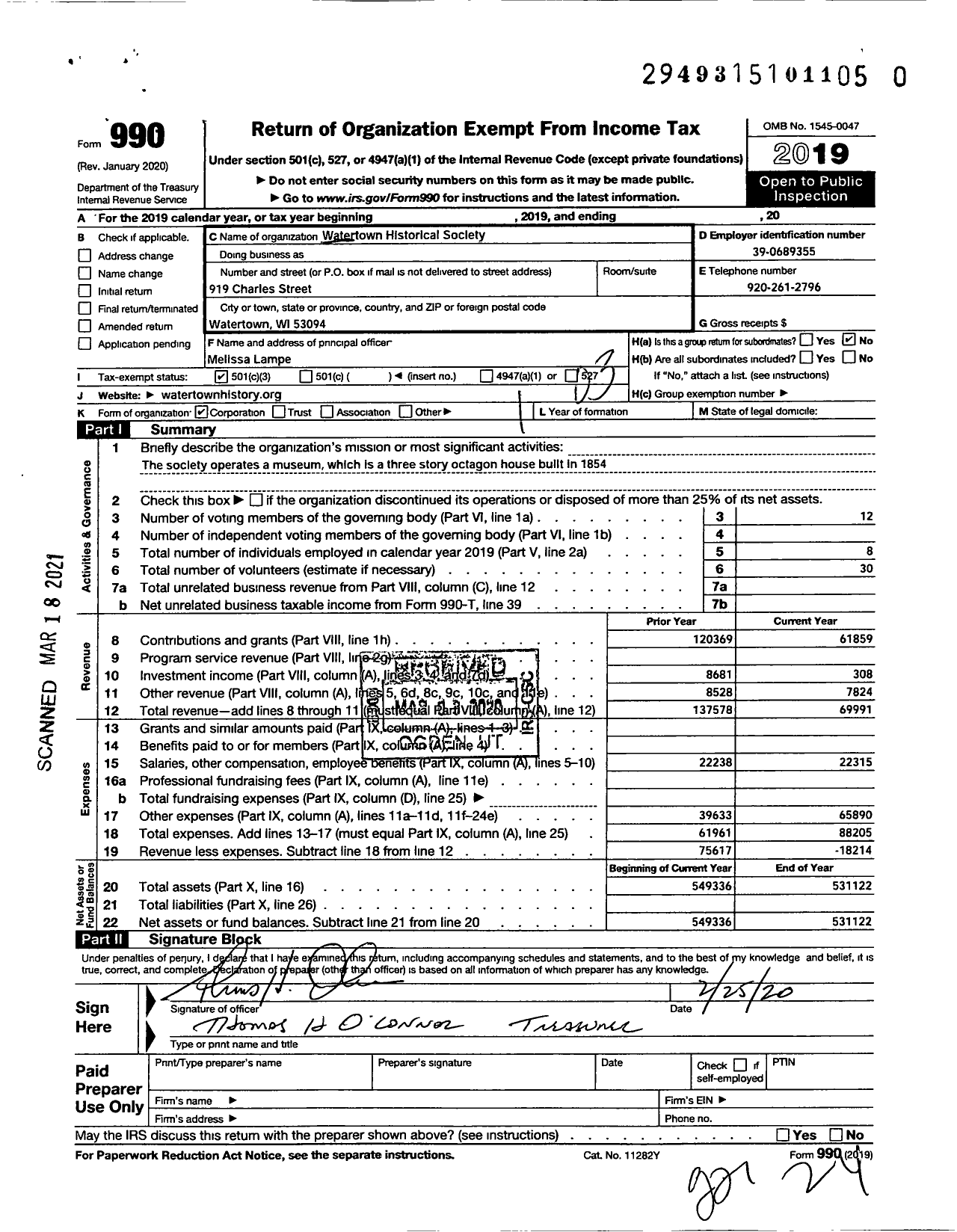 Image of first page of 2019 Form 990 for Watertown Historical Society