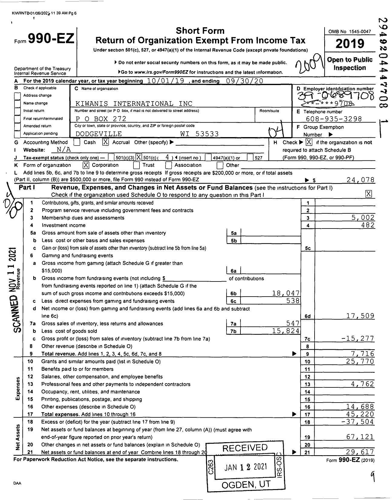 Image of first page of 2019 Form 990EO for Kiwanis International - K01638 Dodgeville