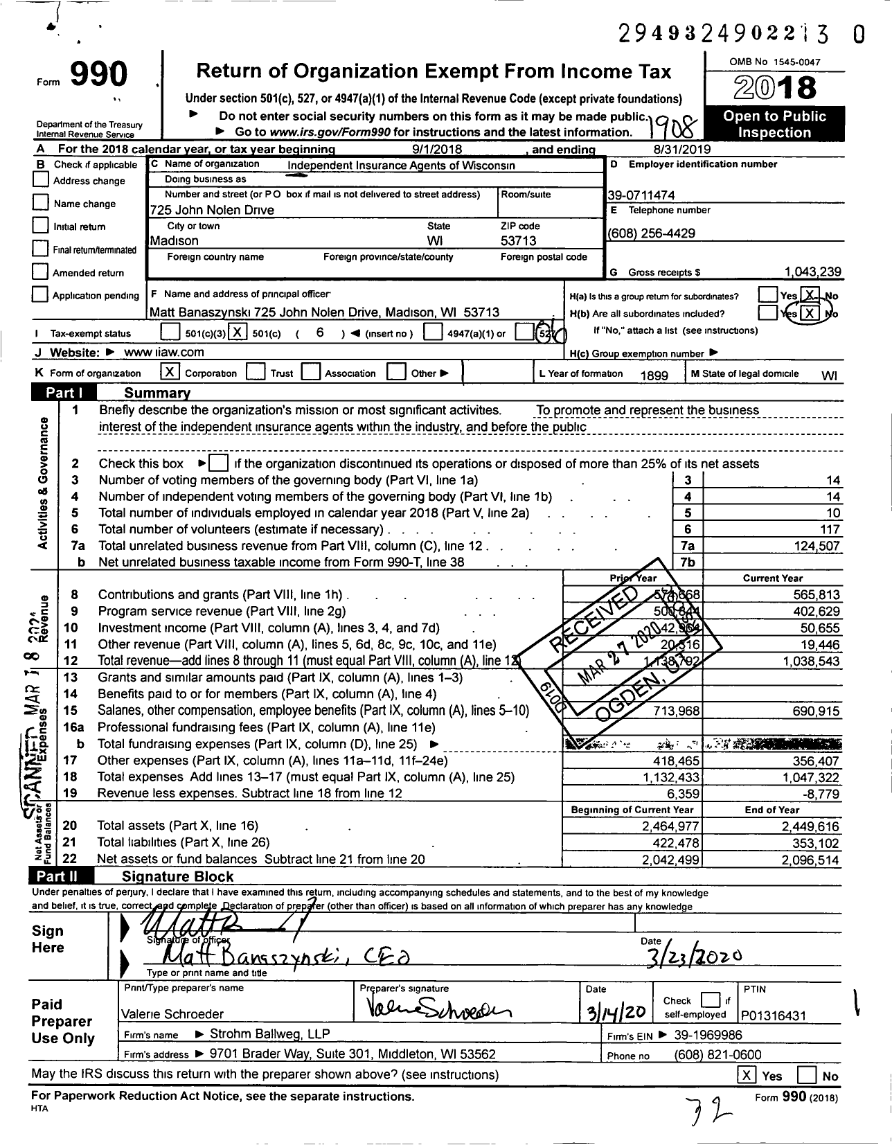 Image of first page of 2018 Form 990O for Independent Insurance Agents of Wisconsin (IIA)