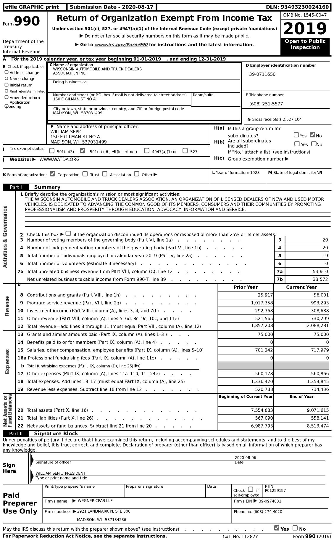 Image of first page of 2019 Form 990 for Wisconsin Automobile and Truck Dealers Association (WATDA)