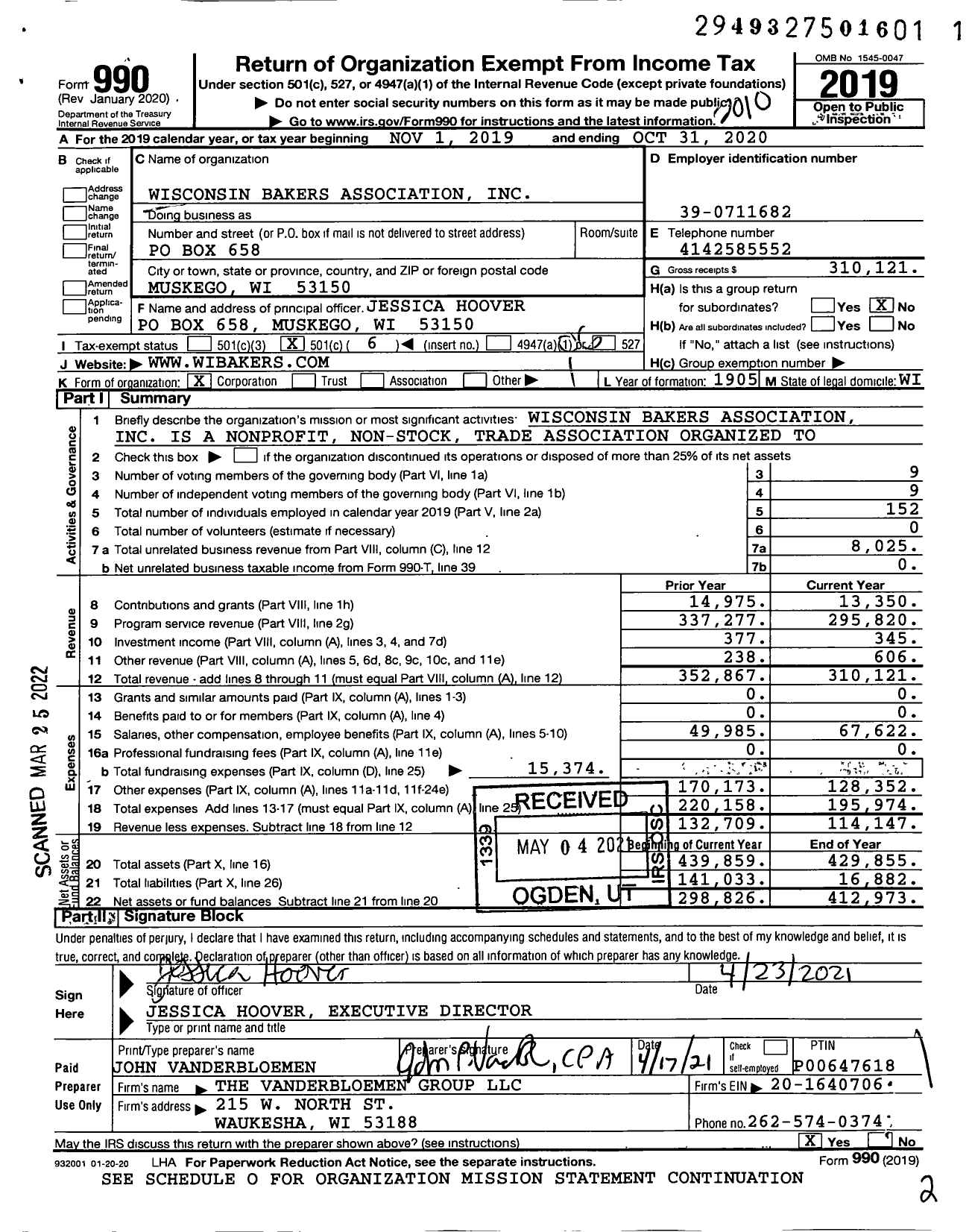 Image of first page of 2019 Form 990O for Wisconsin Bakers Association