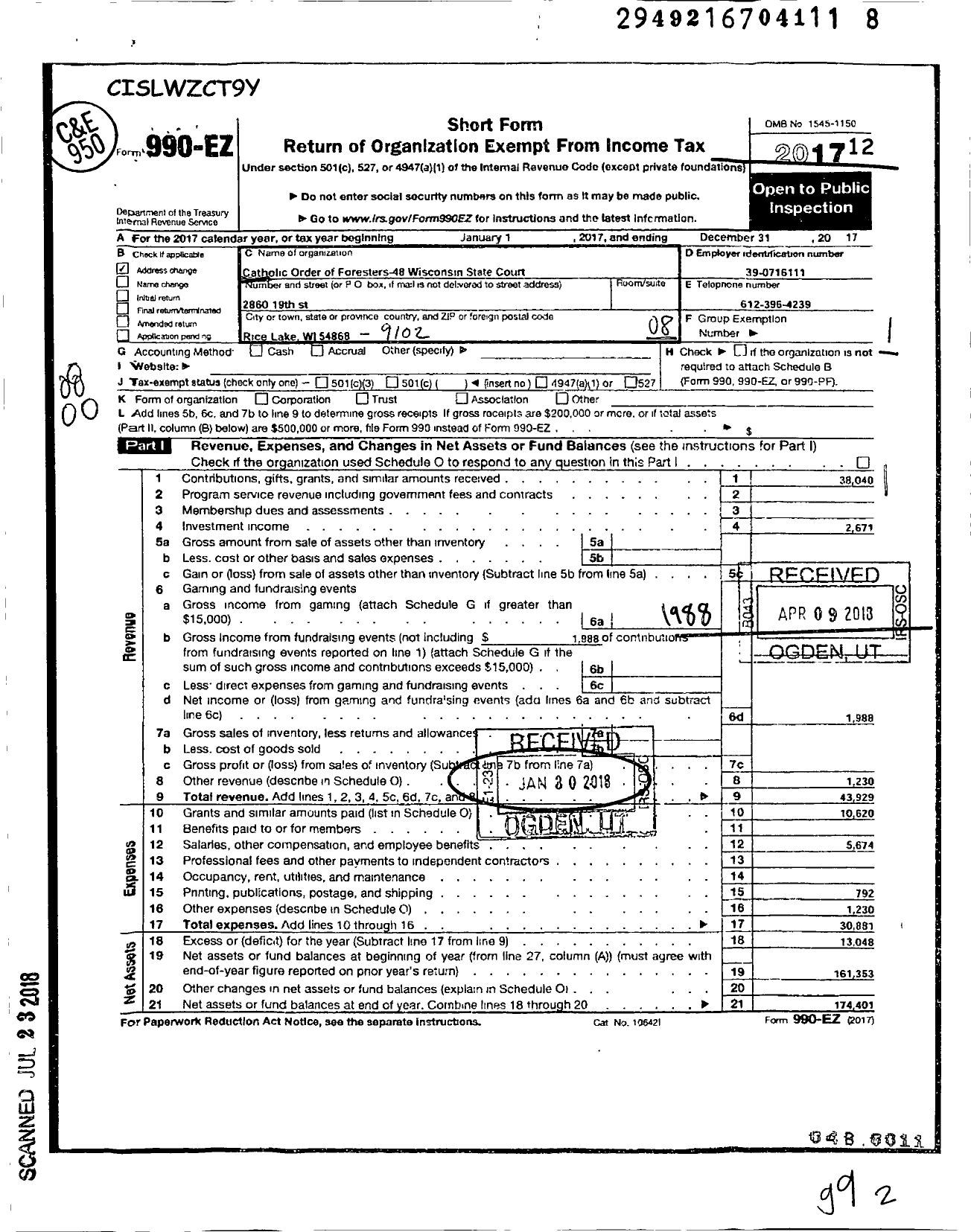 Image of first page of 2017 Form 990EO for Catholic Order of Foresters - 48 Wisconsin State Court