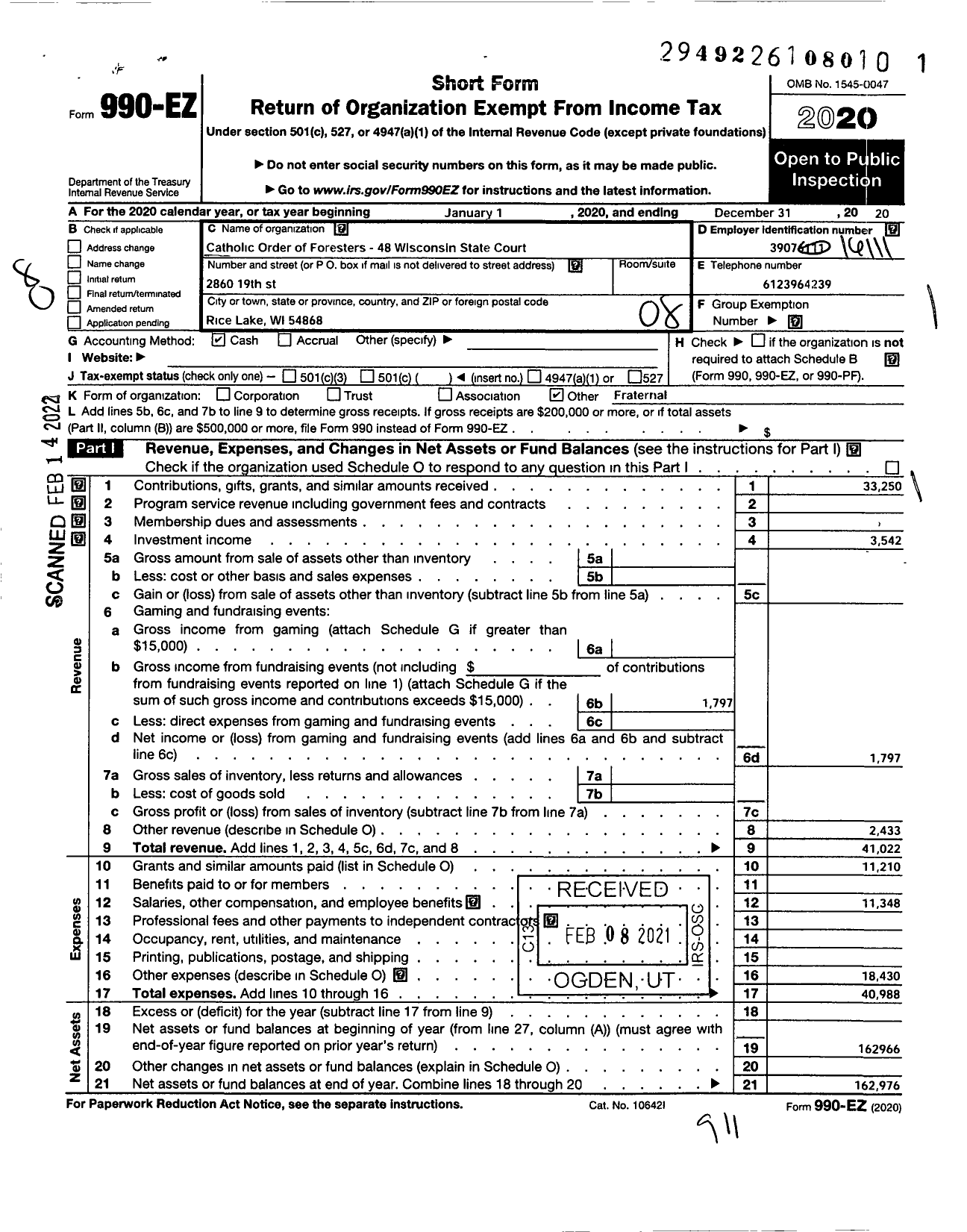 Image of first page of 2020 Form 990EO for Catholic Order of Foresters - 48 Wisconsin State Court